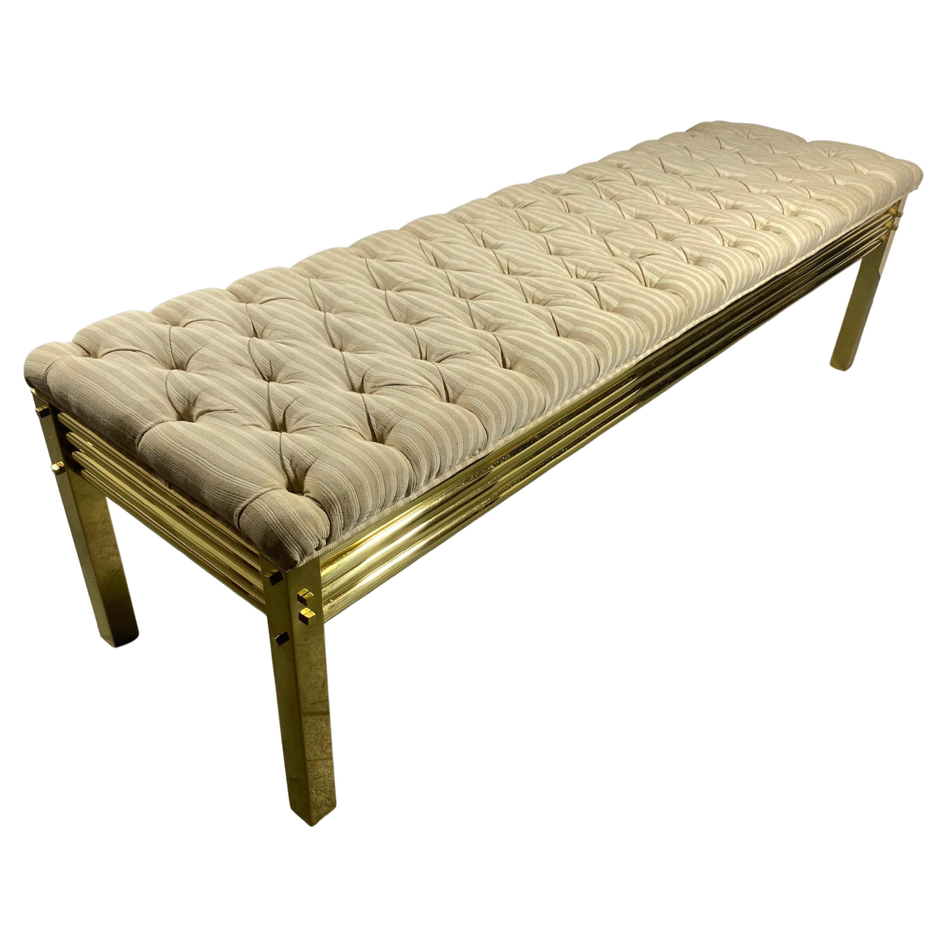 Stunning Brass and Tufted Top Bench, Manner of Karl Springer For Sale