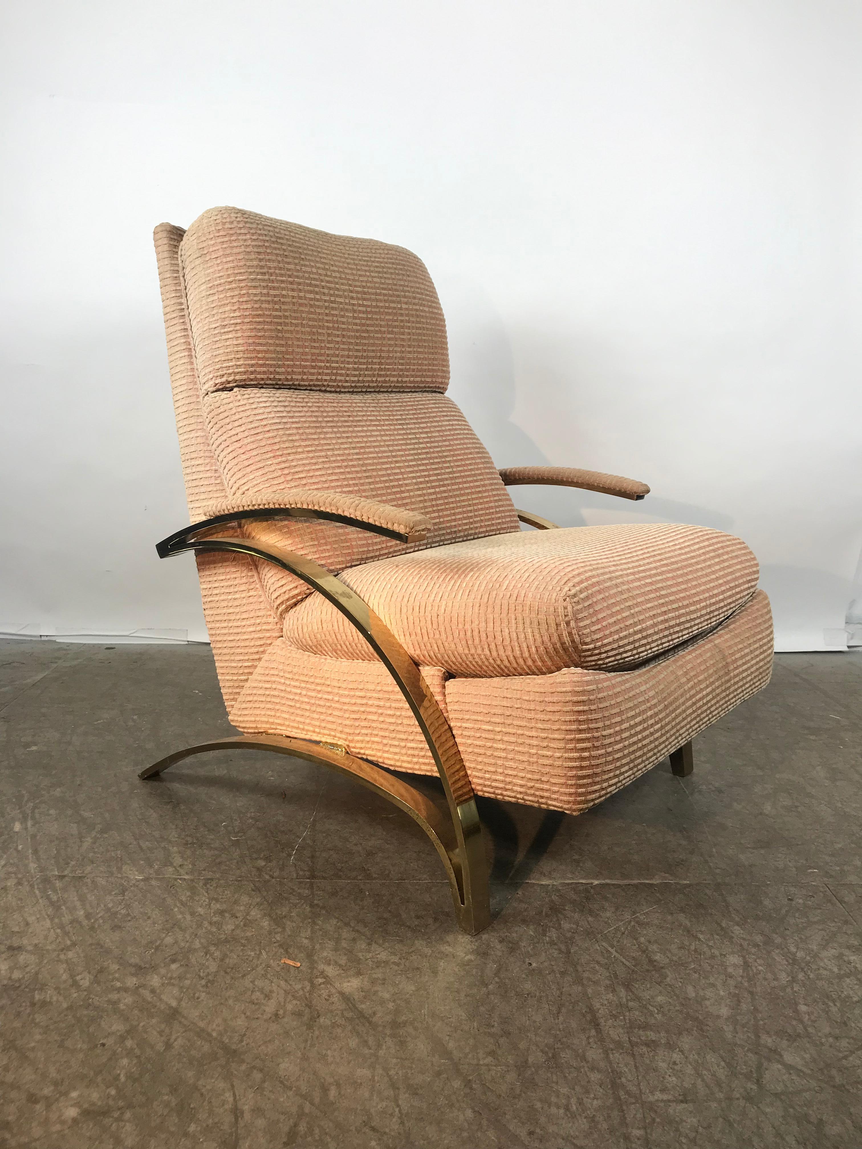 Stunning Brass Cantilever Recliner Lounge Chair, after Milo Baughman In Good Condition In Buffalo, NY