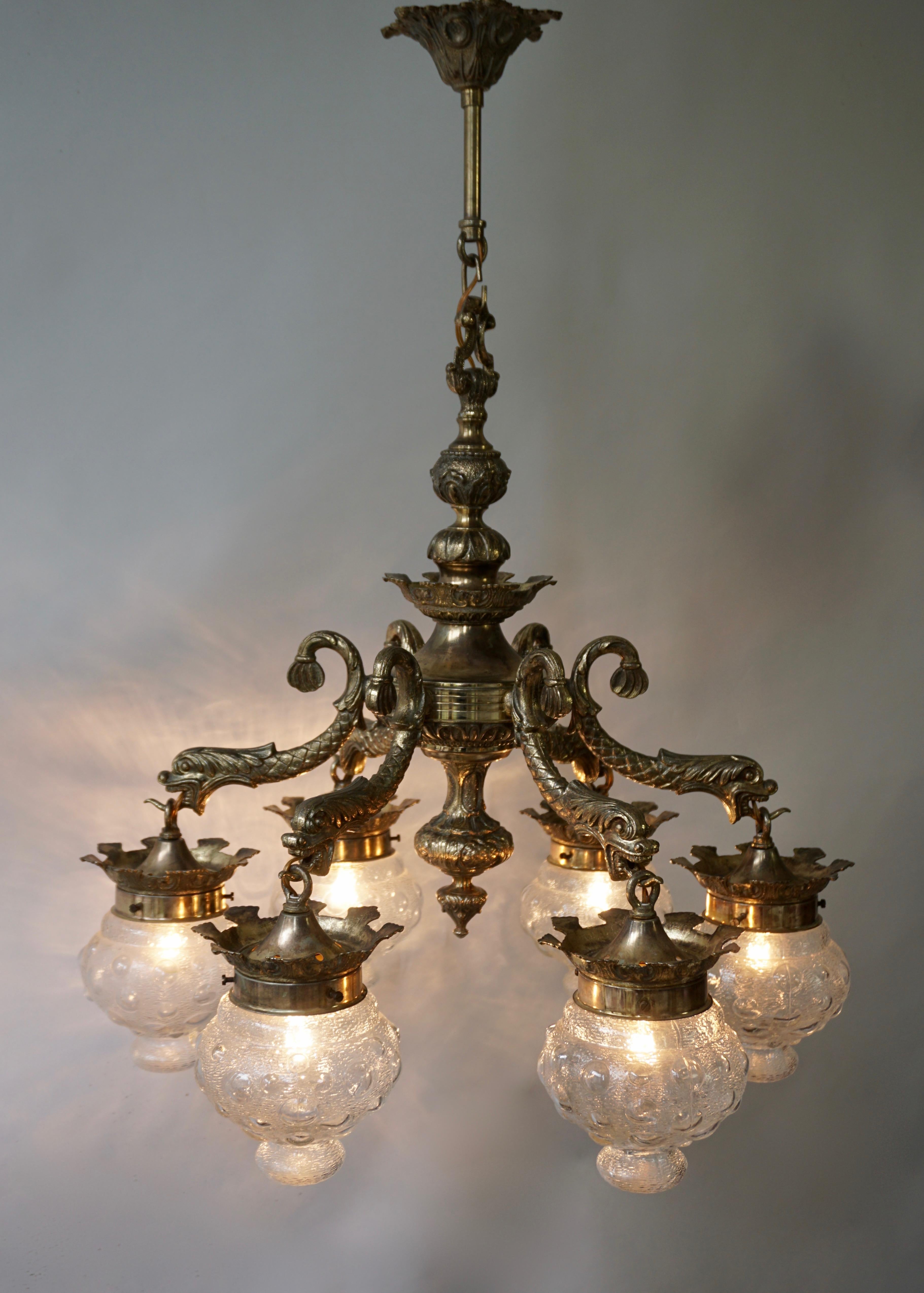 Italian Stunning Brass Chandelier in Gothic or Medieval Style with Dragon Sculptures For Sale
