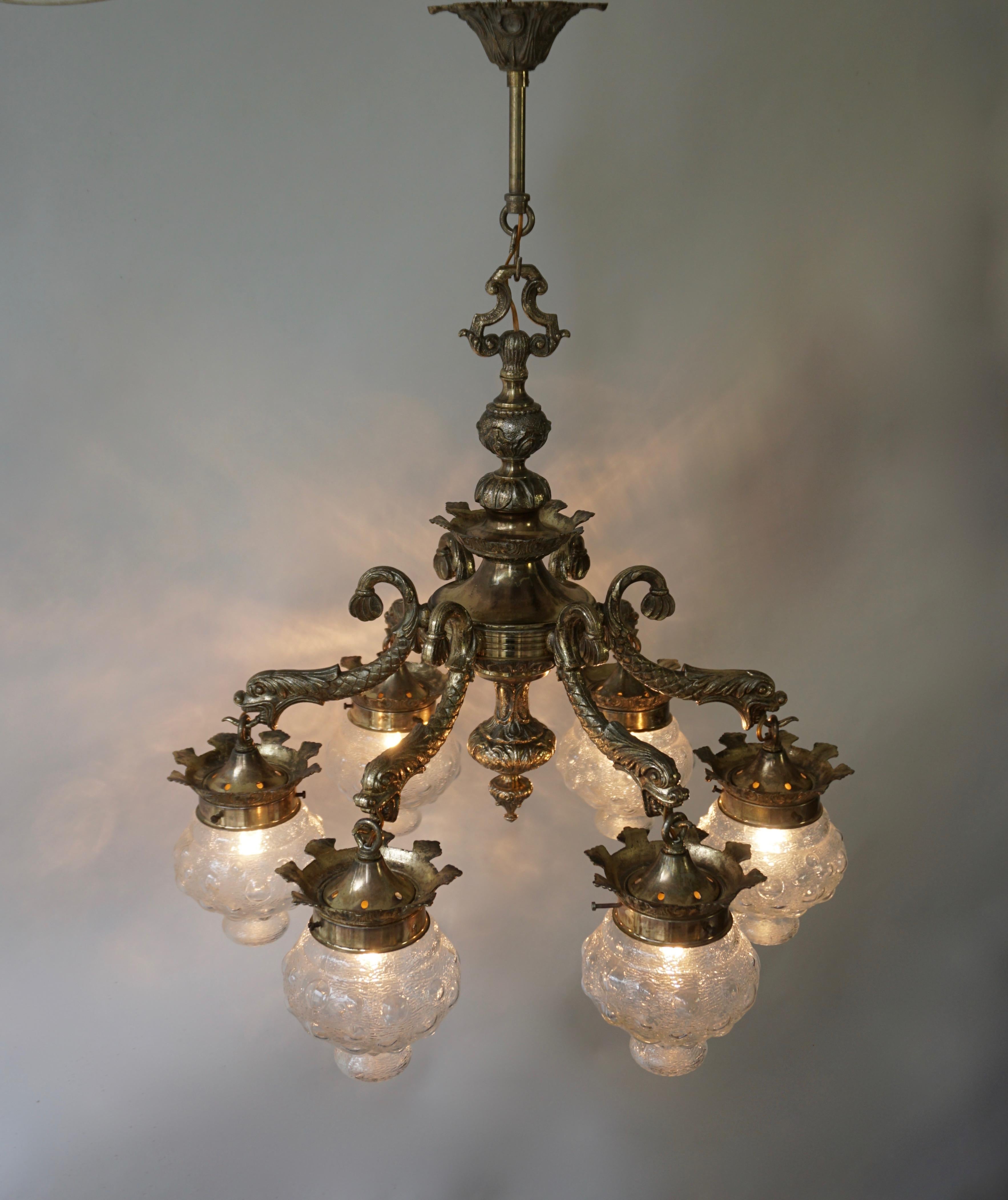 Glass Stunning Brass Chandelier in Gothic or Medieval Style with Dragon Sculptures For Sale