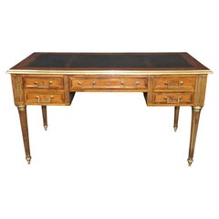 Stunning Brass Inlaid French Leather Top Walnut Writing Desk with Pull Out Trays