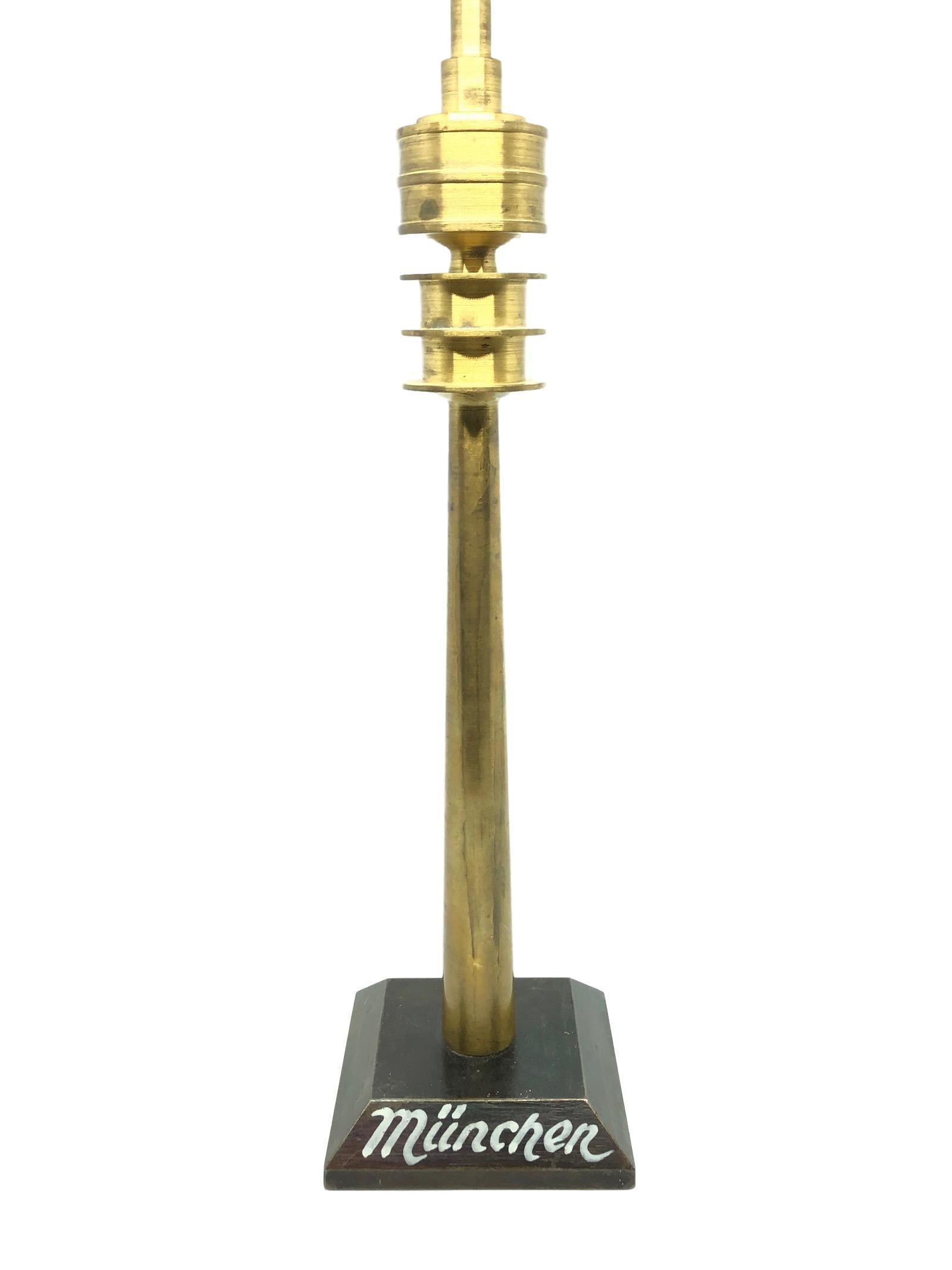 Scaled model of the Munich television tower. Hand-spun in Brass with a iron base. It has a beautiful patina, this is old-age. A nice architectural sculpture for every living room or man cave.