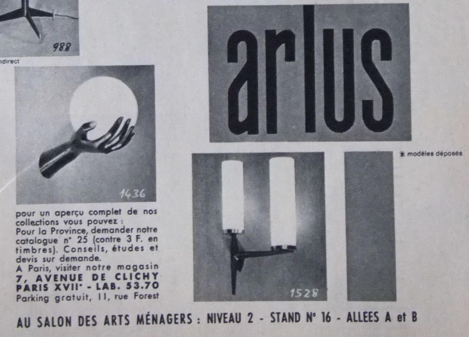 Messing & Opalglasapplikationen ARLUS:: 1960:: Paar:: garantiert original (Französisch)