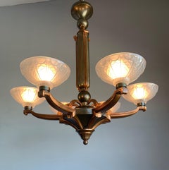 Stunning Bronze and Brass Art Deco Chandelier with Highly Stylish Glass Shades