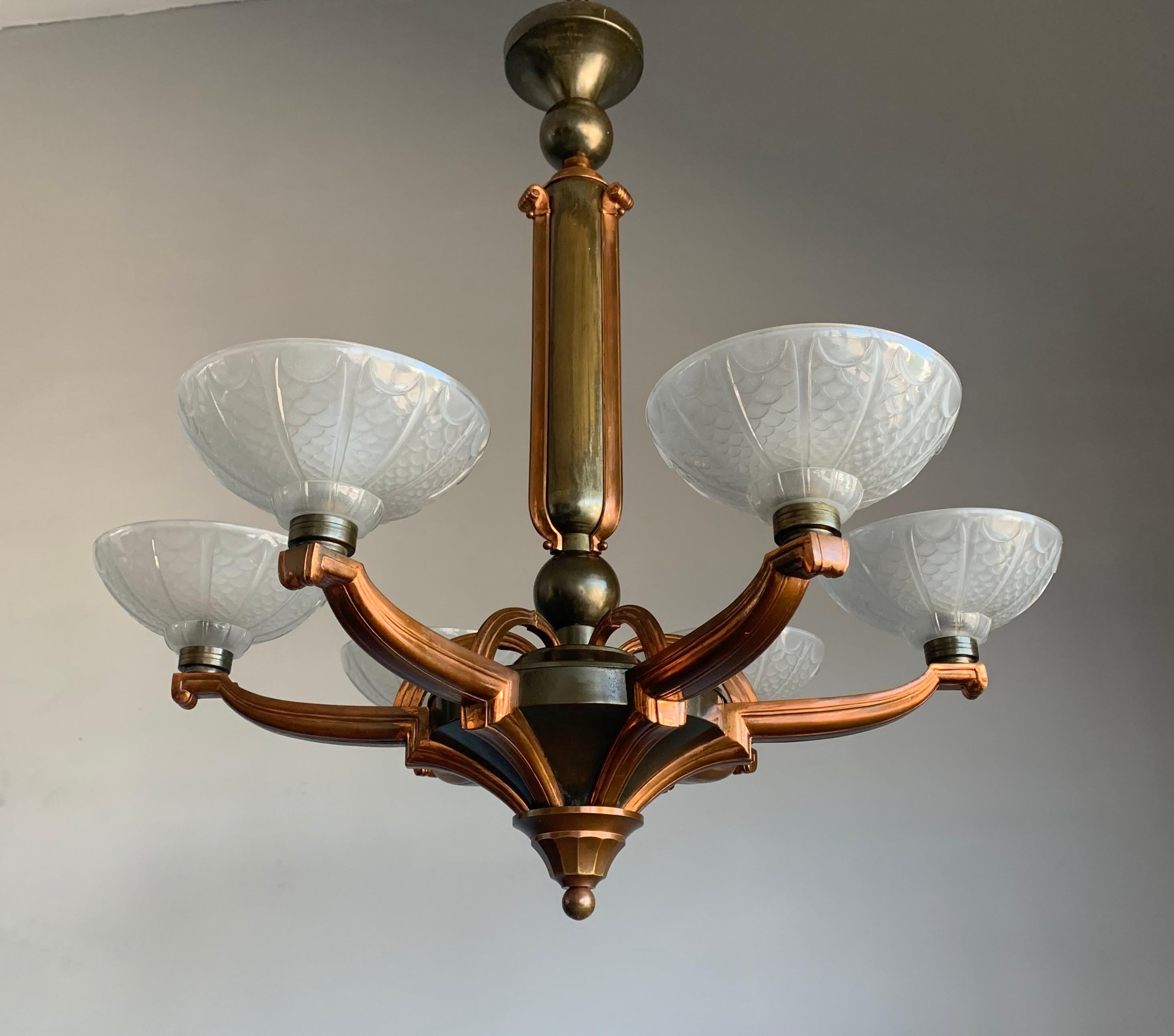 Stunning Bronze and Brass Art Deco Chandelier with Highly Stylish Glass Shades For Sale 12