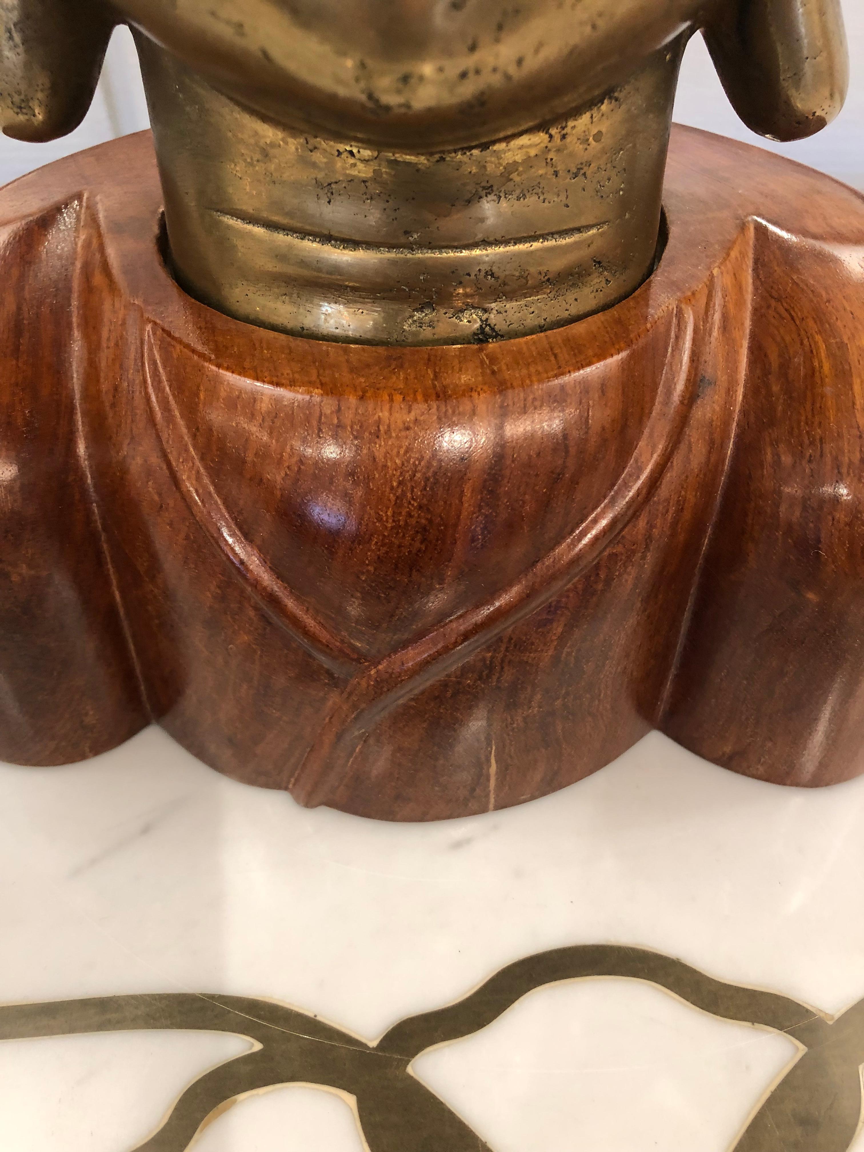 Mid-20th Century Stunning Bronze Buddha Statue on Wooden Base For Sale