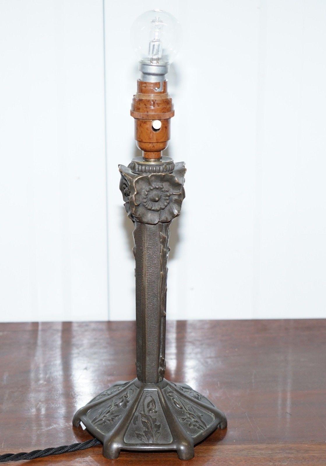 19th Century Stunning Bronze Floral Table Lamp with Burr Walnut Affect Bakelite Switch