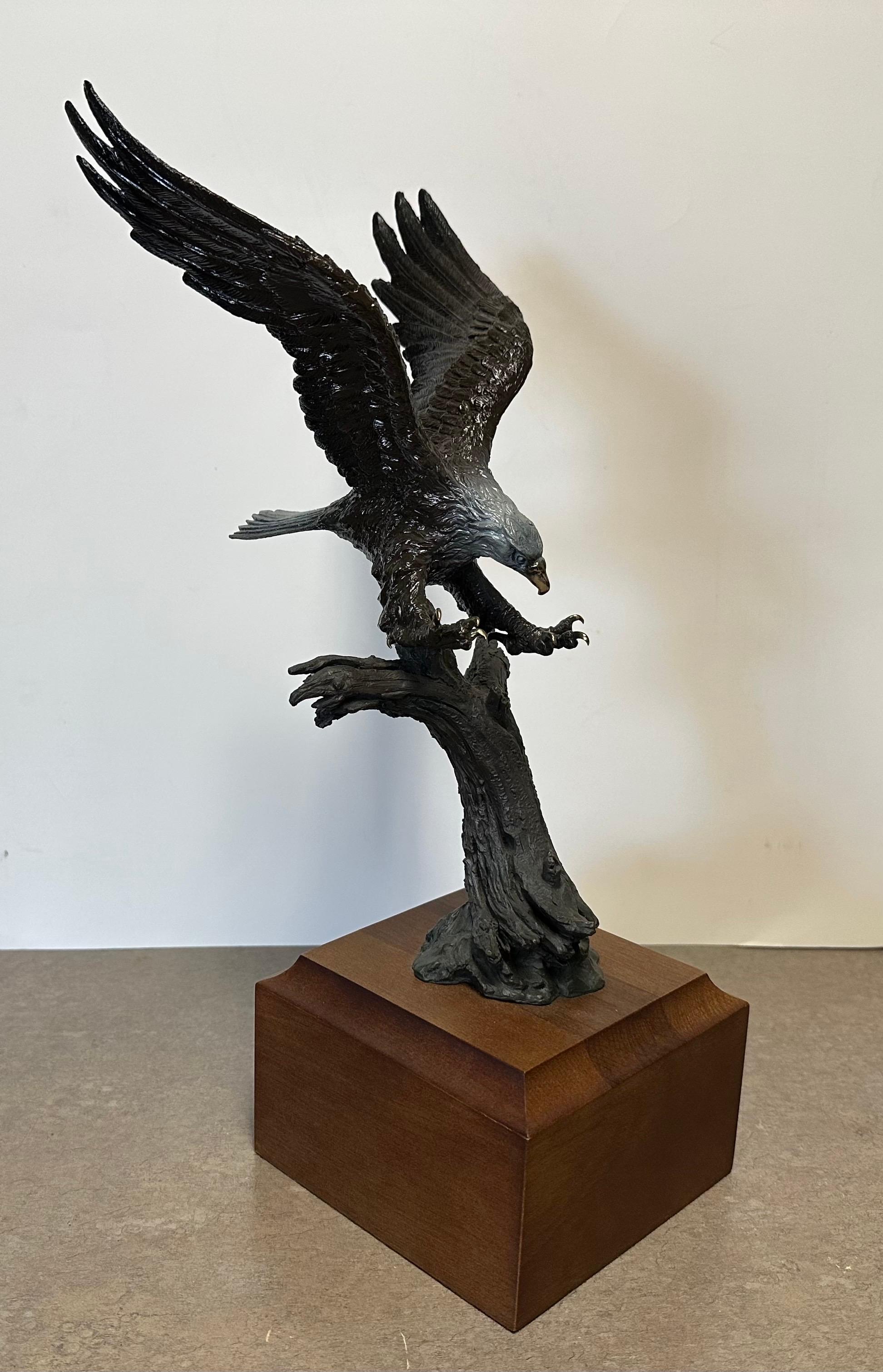 Stunning Bronze on Wood Base Bald Eagle Sculpture 