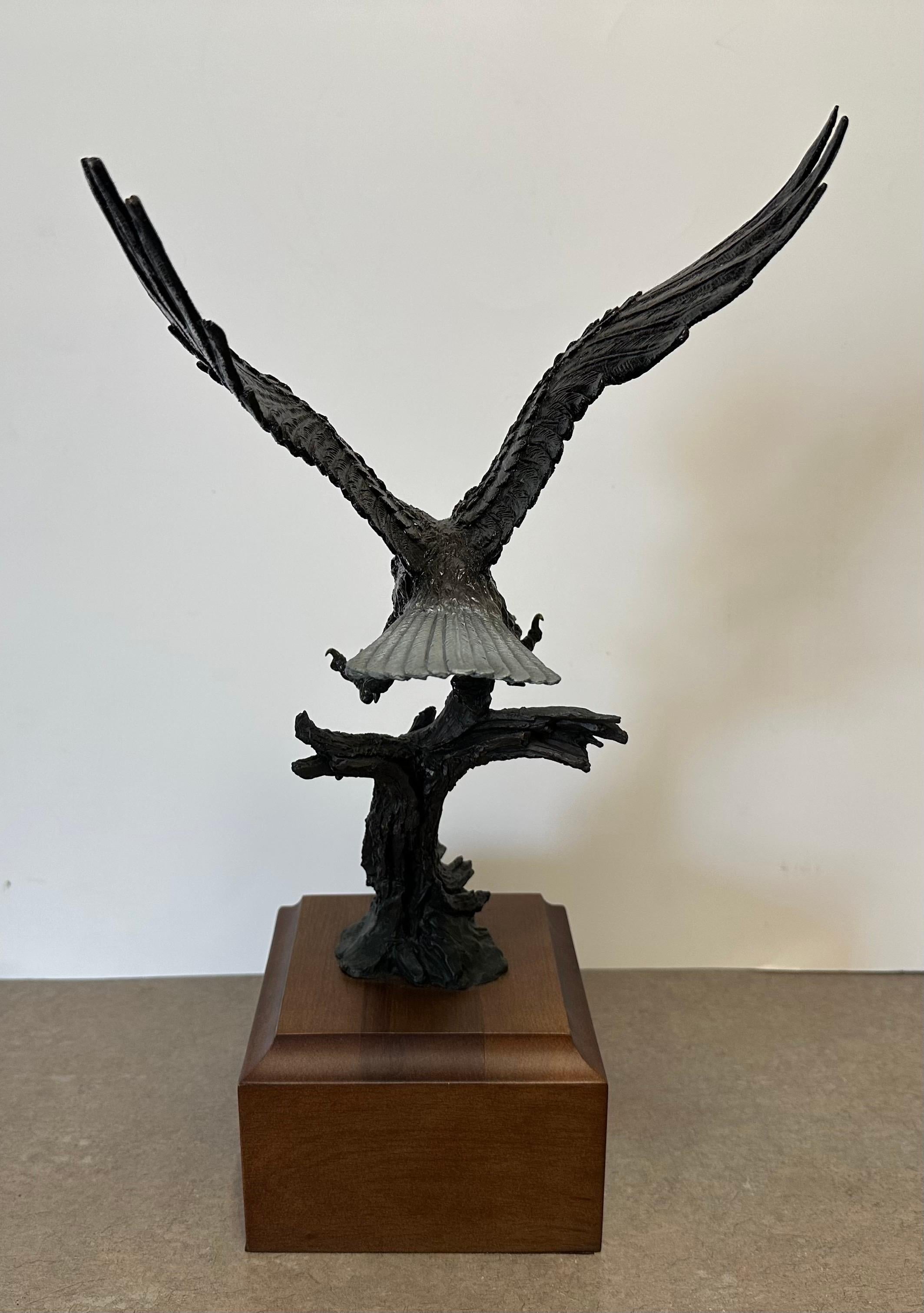 Stunning Bronze on Wood Base Bald Eagle Sculpture 