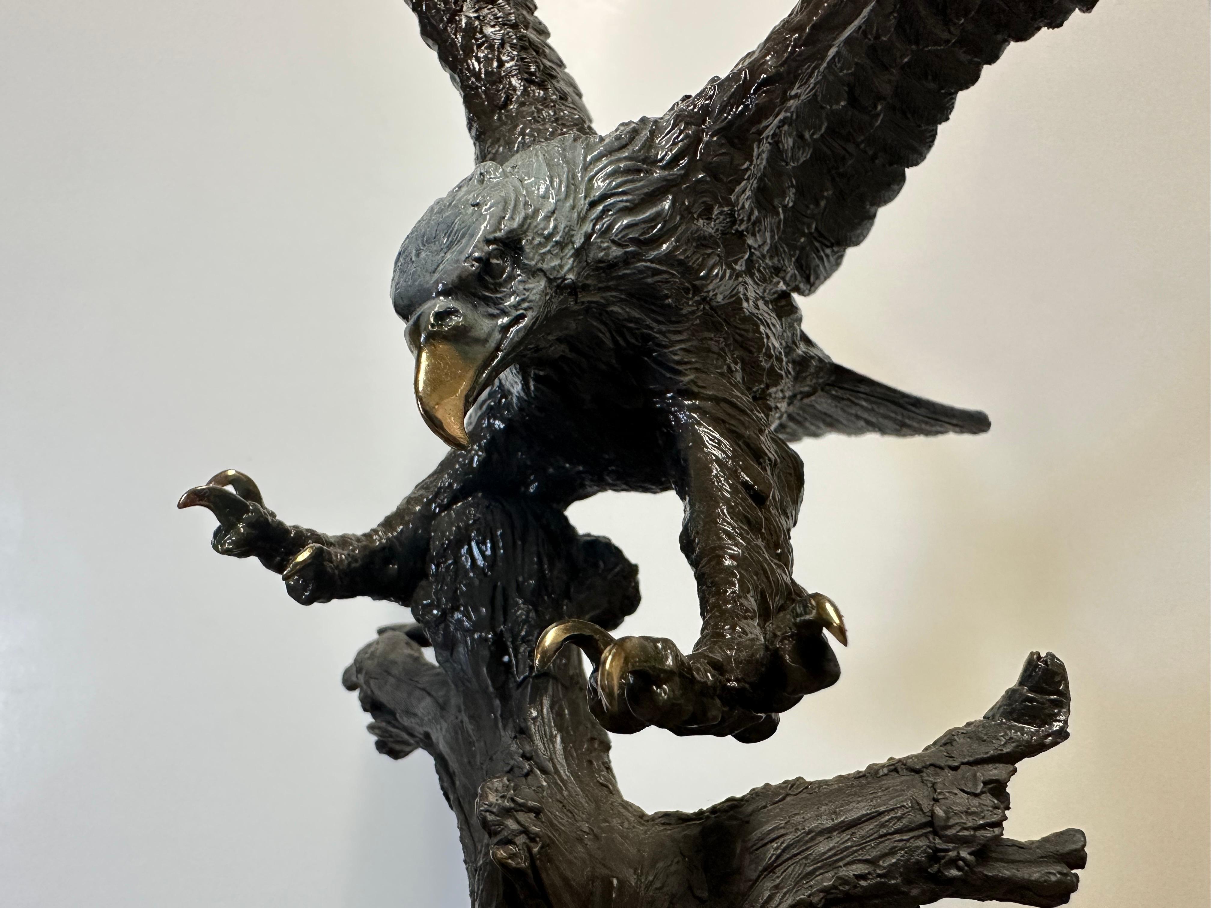 Stunning Bronze on Wood Base Bald Eagle Sculpture 