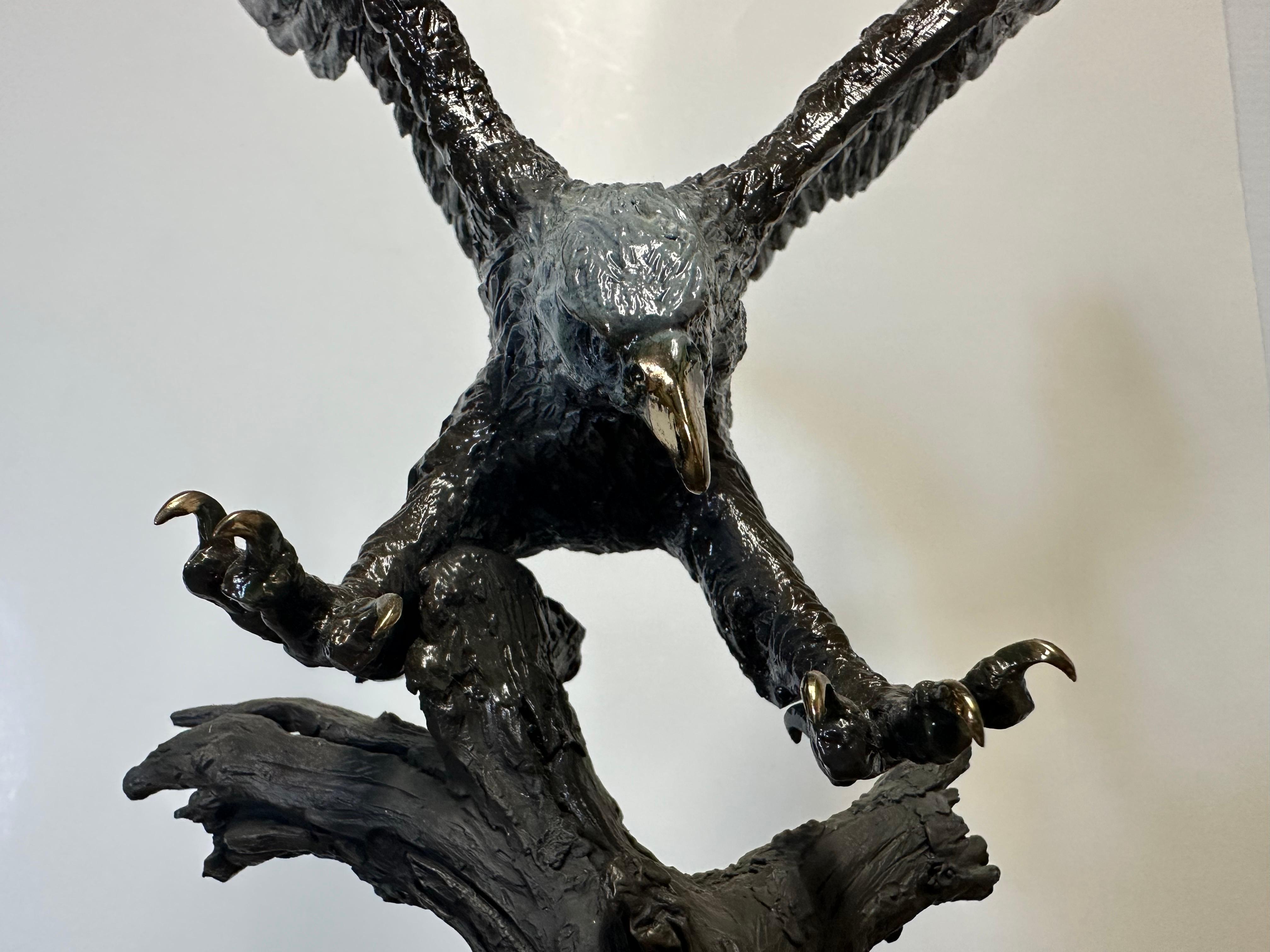 Stunning Bronze on Wood Base Bald Eagle Sculpture 
