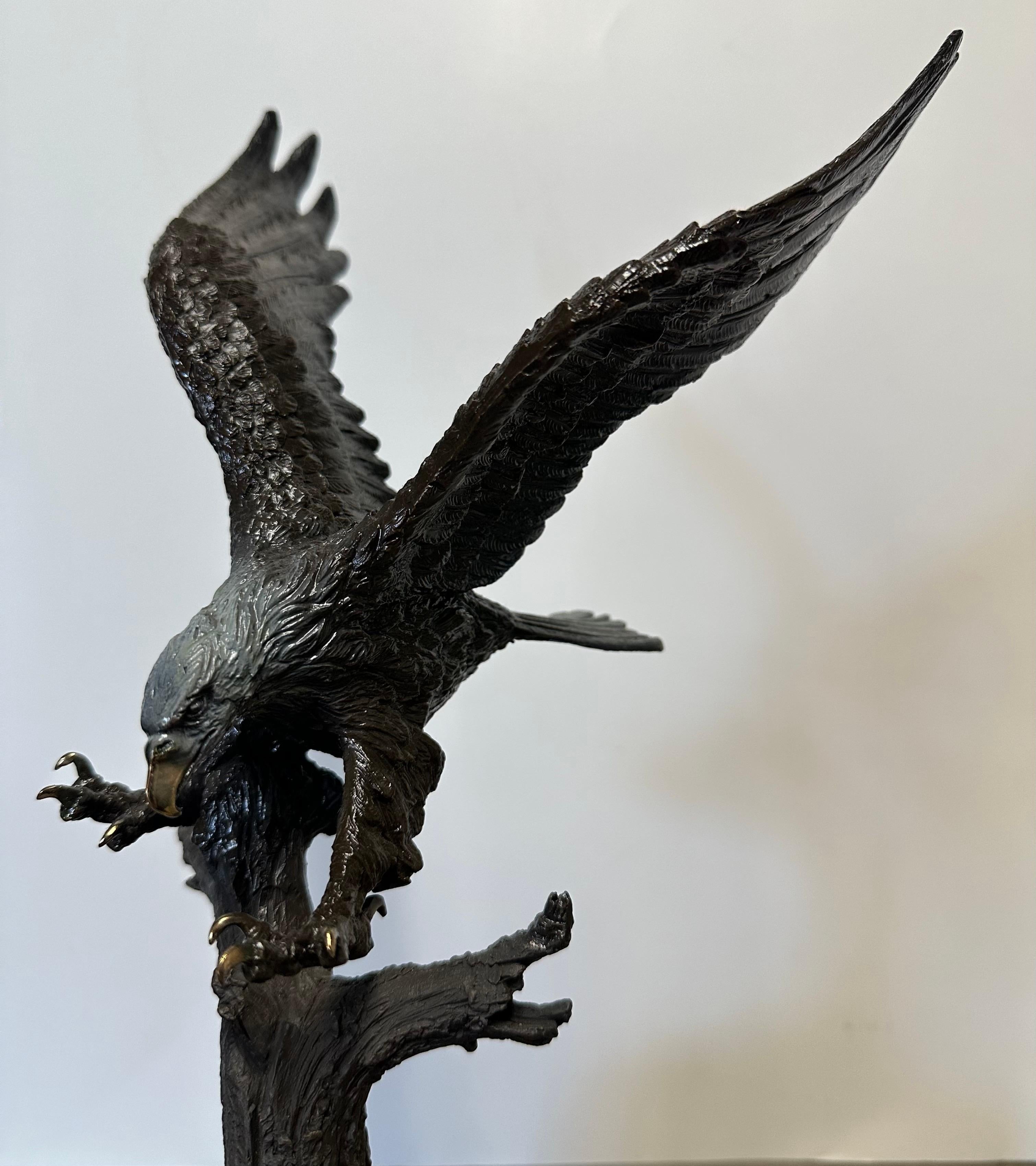 Stunning Bronze on Wood Base Bald Eagle Sculpture 