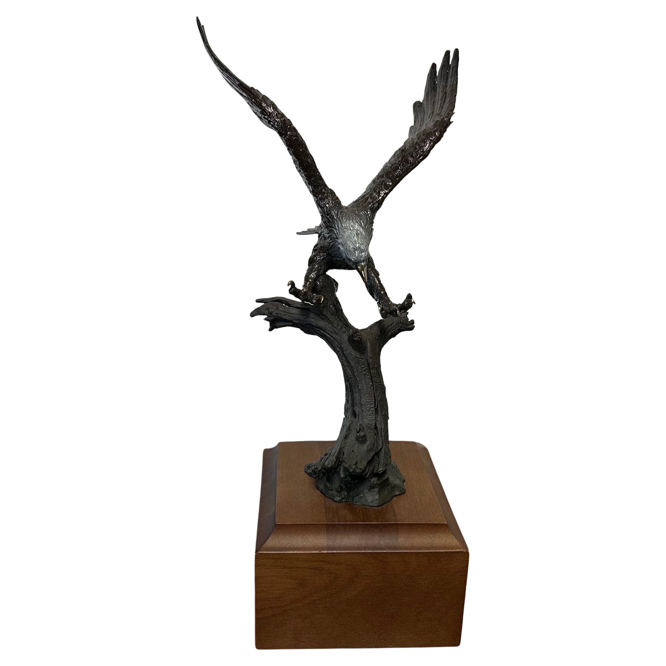 Stunning Bronze on Wood Base Bald Eagle Sculpture 
