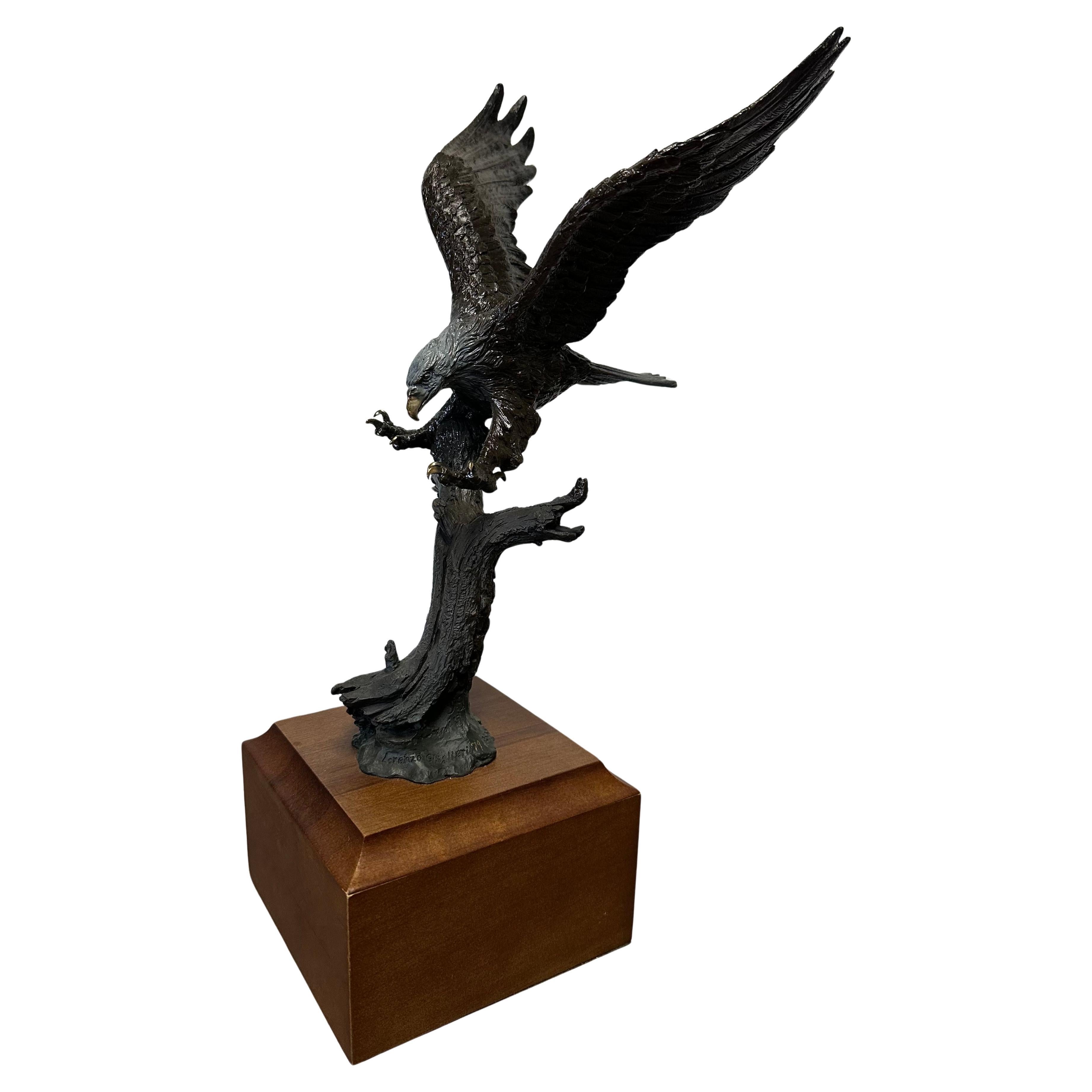 Stunning Bronze on Wood Base Bald Eagle Sculpture 