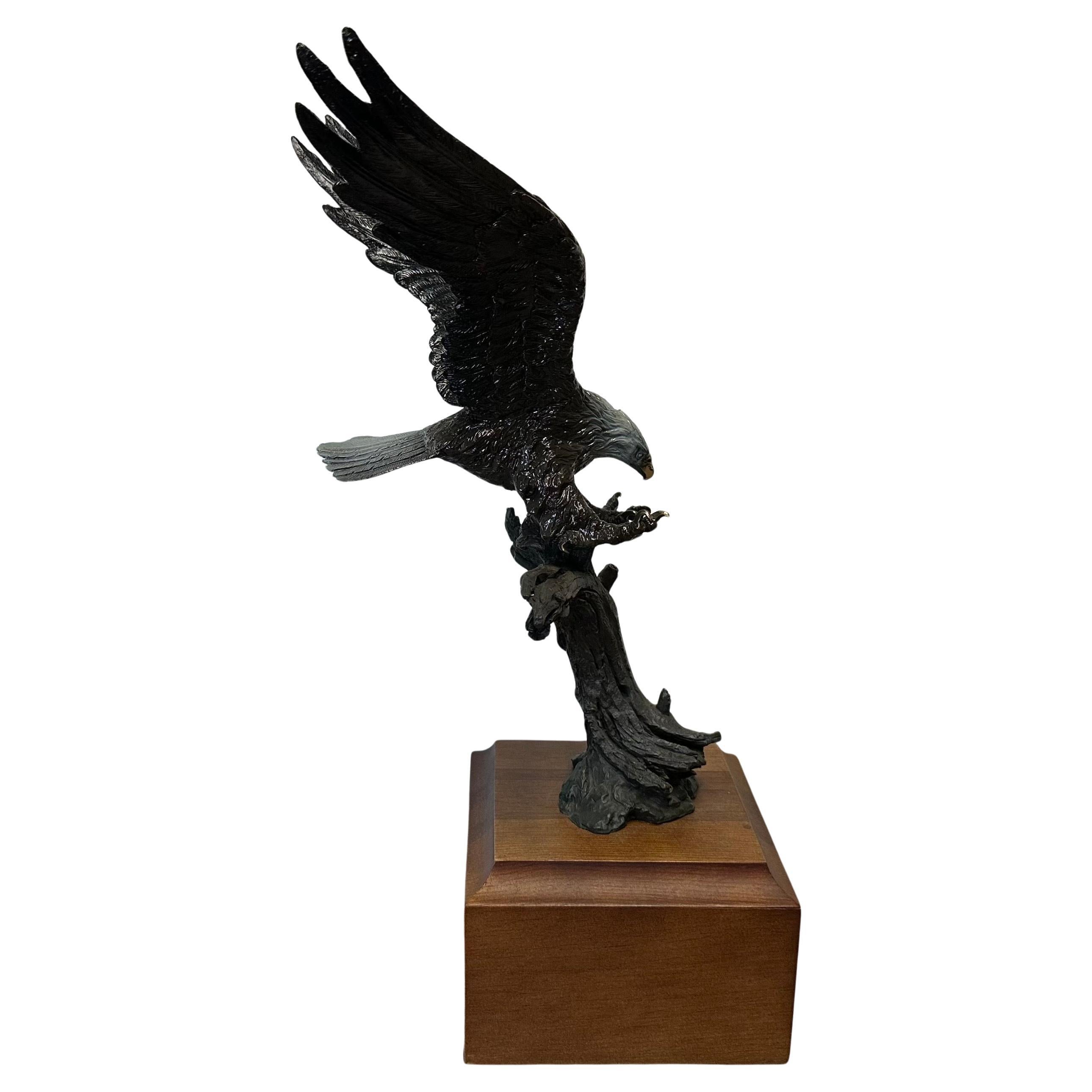 Stunning Bronze on Wood Base Bald Eagle Sculpture 