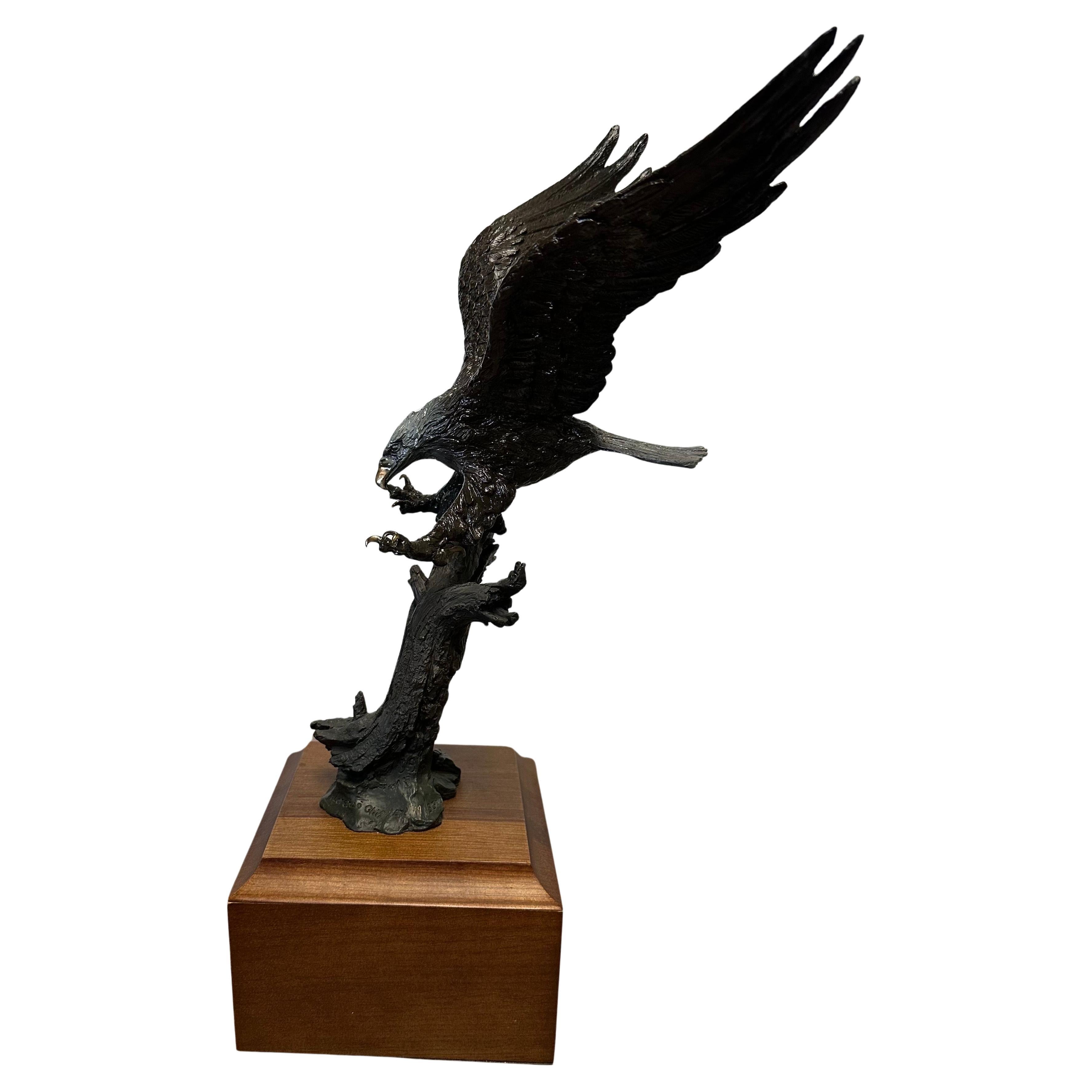Stunning Bronze on Wood Base Bald Eagle Sculpture 
