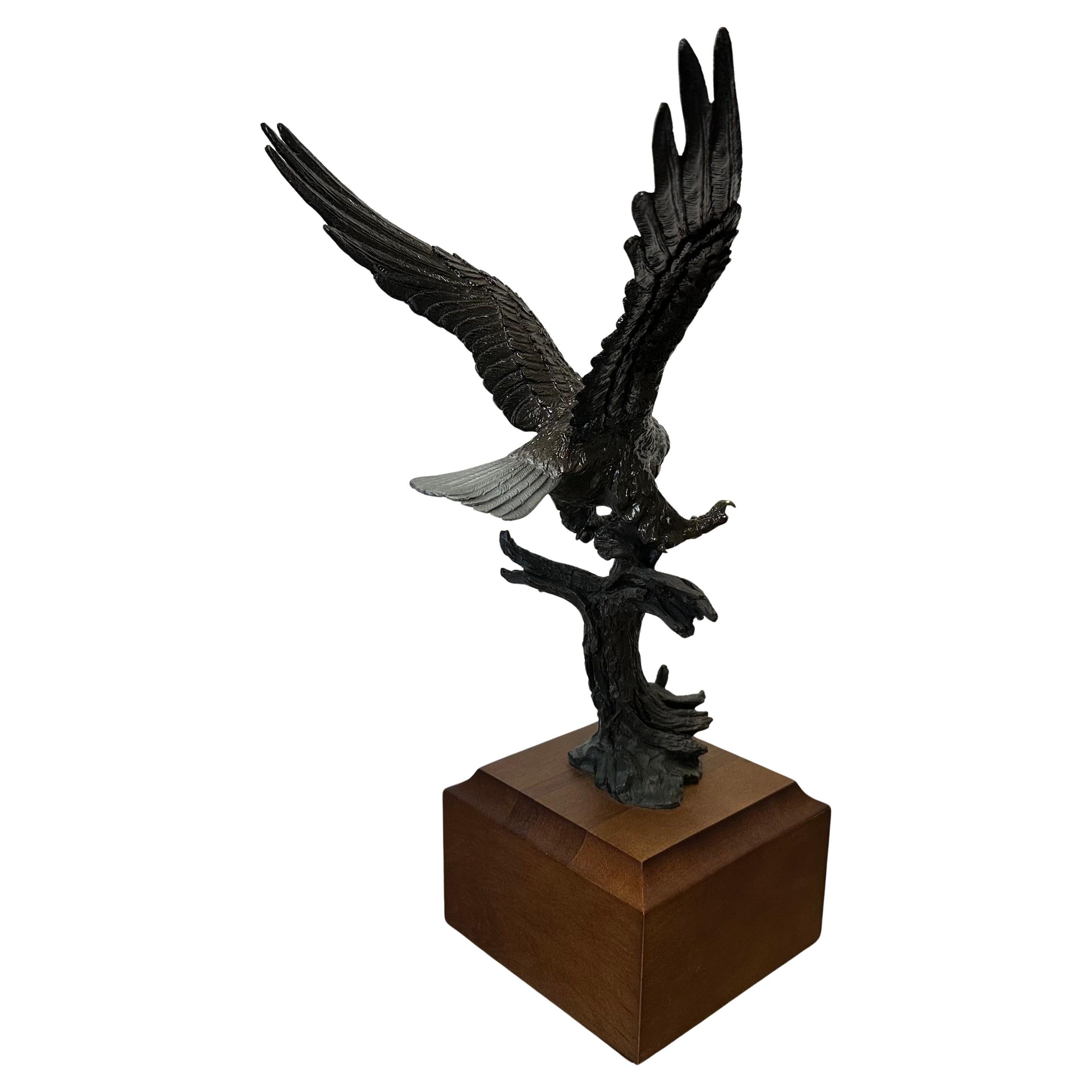 Stunning Bronze on Wood Base Bald Eagle Sculpture 