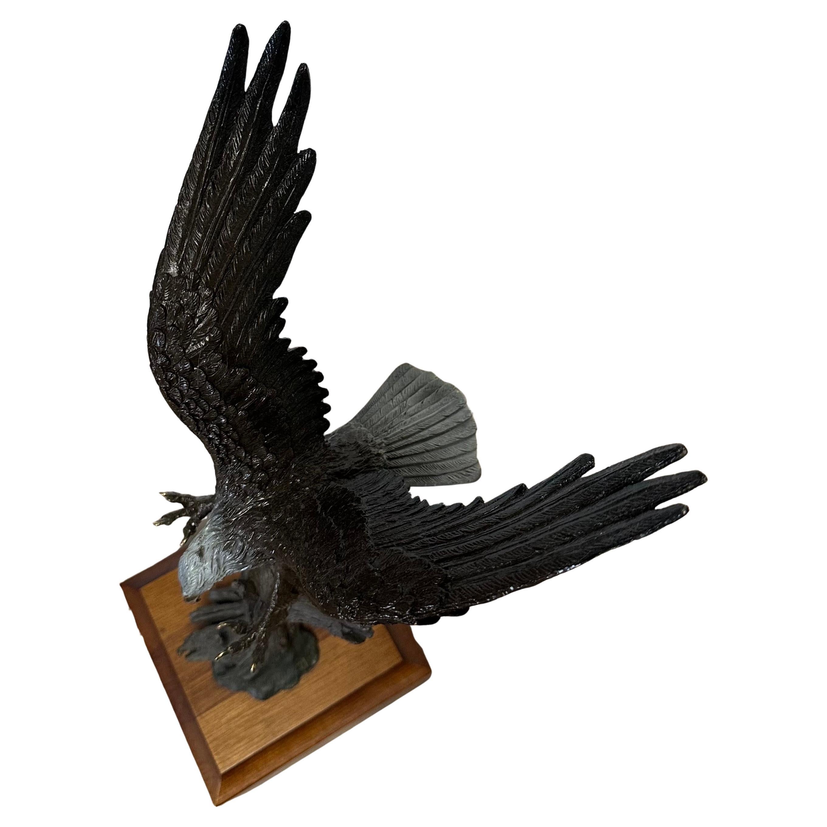 Stunning Bronze on Wood Base Bald Eagle Sculpture 