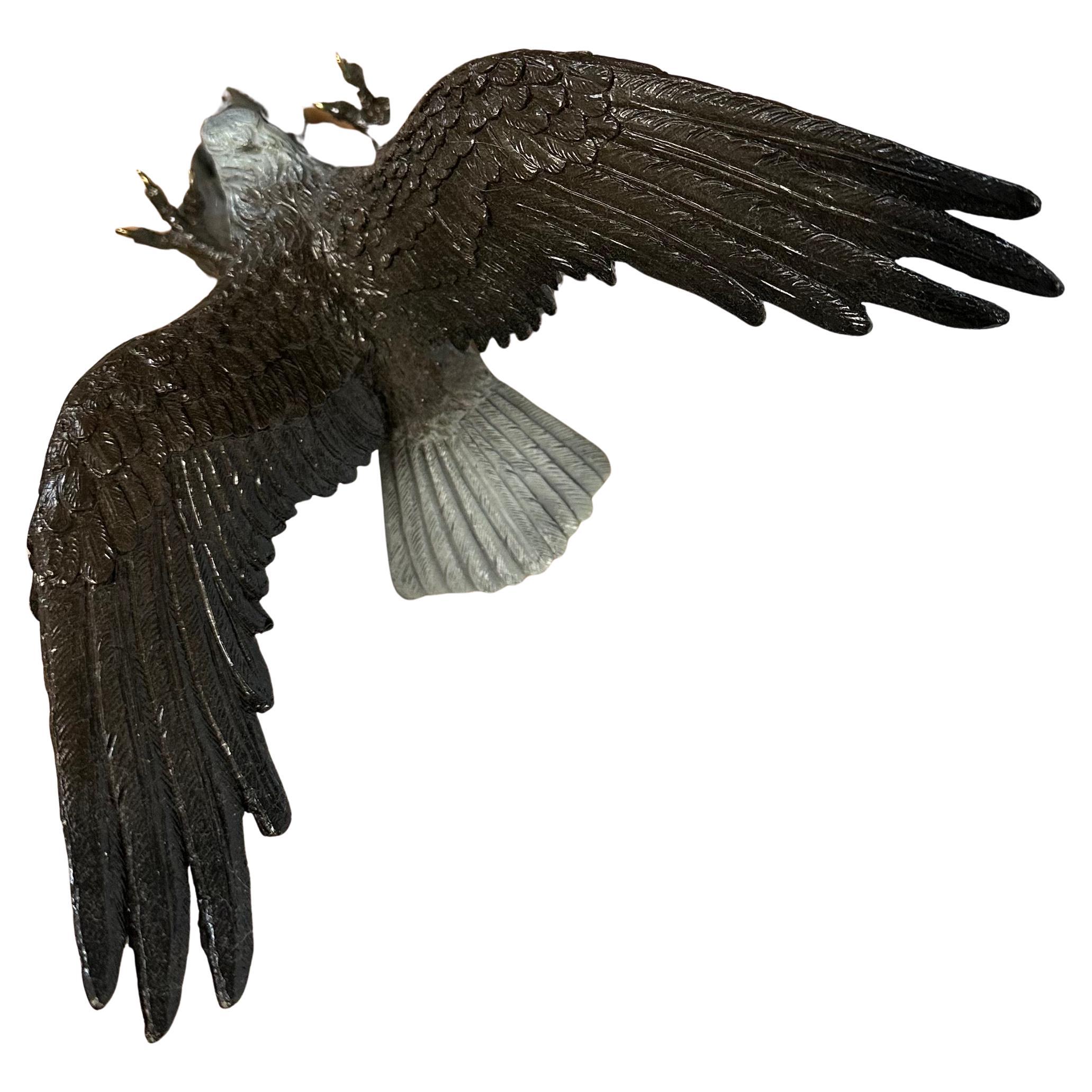 Stunning Bronze on Wood Base Bald Eagle Sculpture 