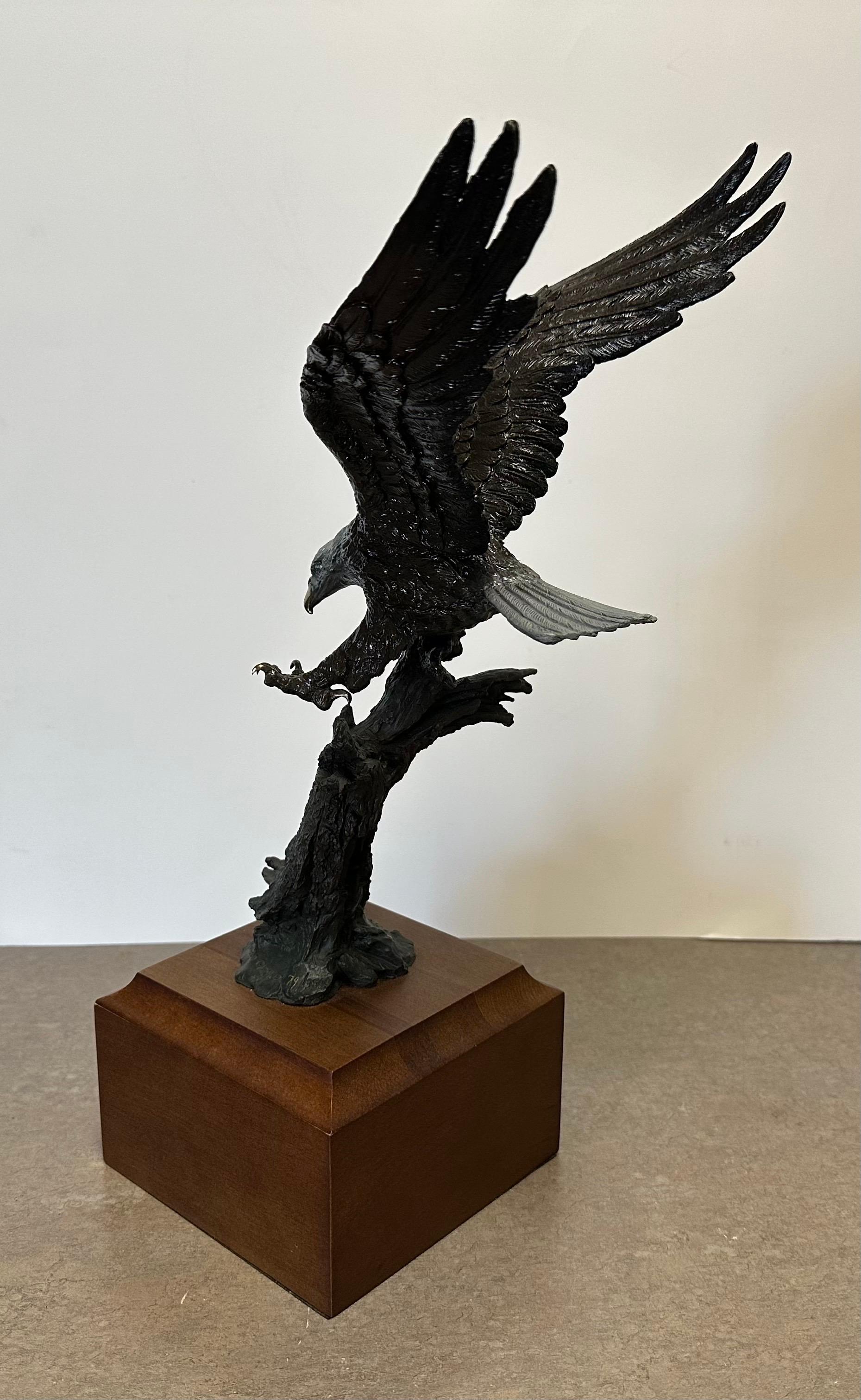 Stunning Bronze on Wood Base Bald Eagle Sculpture 