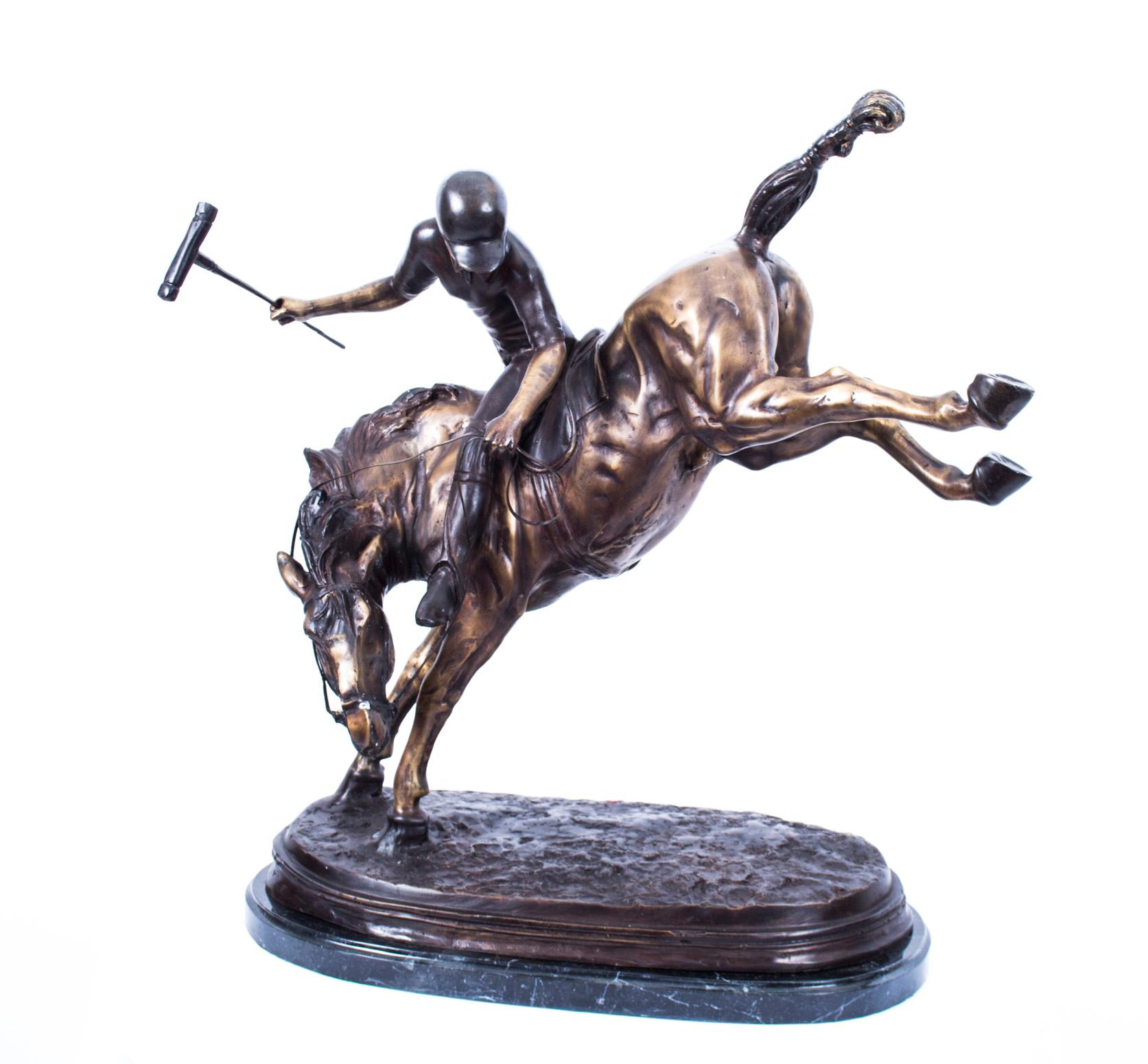 Atemberaubende Bronze Polo Spieler Bucking ein Pferd Skulptur 5