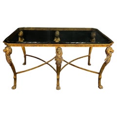 Stunning Bronze Sofa or Side Table with Lion Motif & Beveled Glass Top