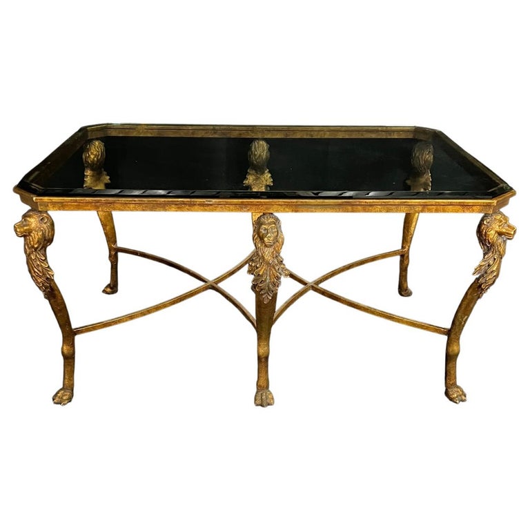Stunning Bronze Sofa or Side Table with Lion Motif and Beveled Glass