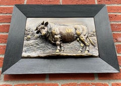 Stunning Bronzed Bull Sculpture Wall Plaque in Blackened Oak Frame, Great Patina