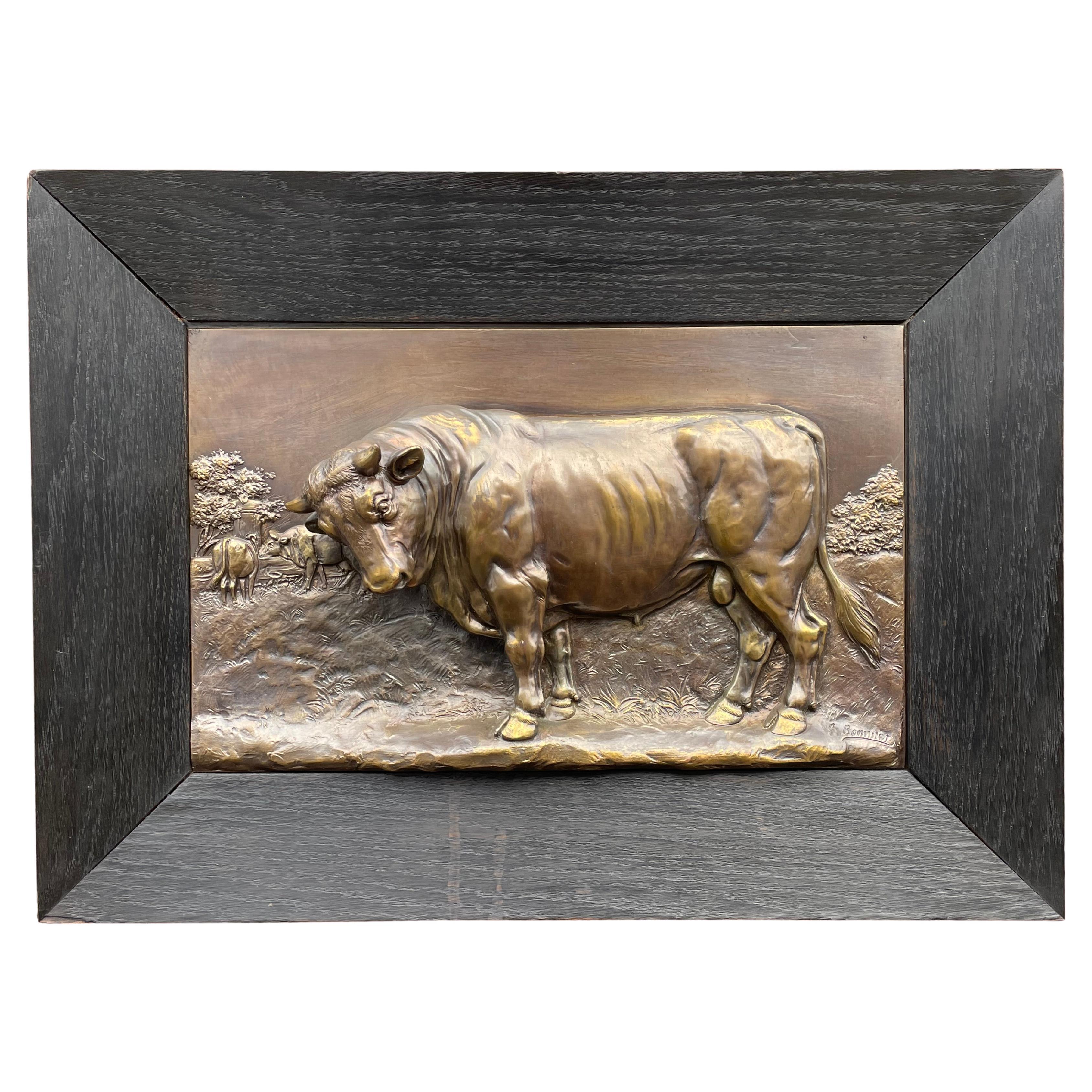 Stunning Bronzed Bull Sculpture Wall Plaque in Blackened Oak Frame, Great Patina