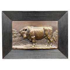 Stunning Bronzed Bull Sculpture Wall Plaque in Blackened Oak Frame, Great Patina