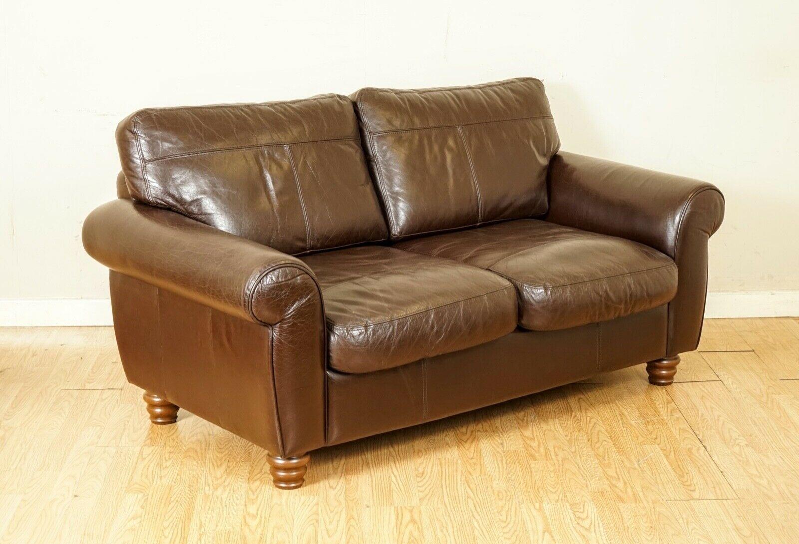 We are so excited to present to you this gorgeous brown leather saddle leather two seater sofa.

Very good quality and solid frame built inside the sofa, cushions are still plump and have plenty of good use left. 

We have lightly restored this