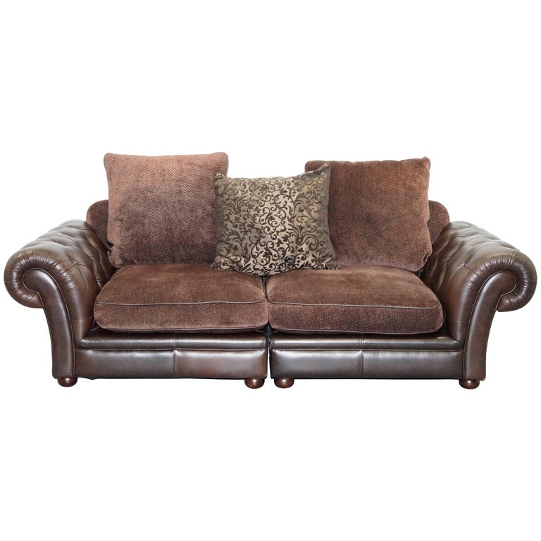 Stunning Brown Leather And Fabric Chesterfield Sofa
