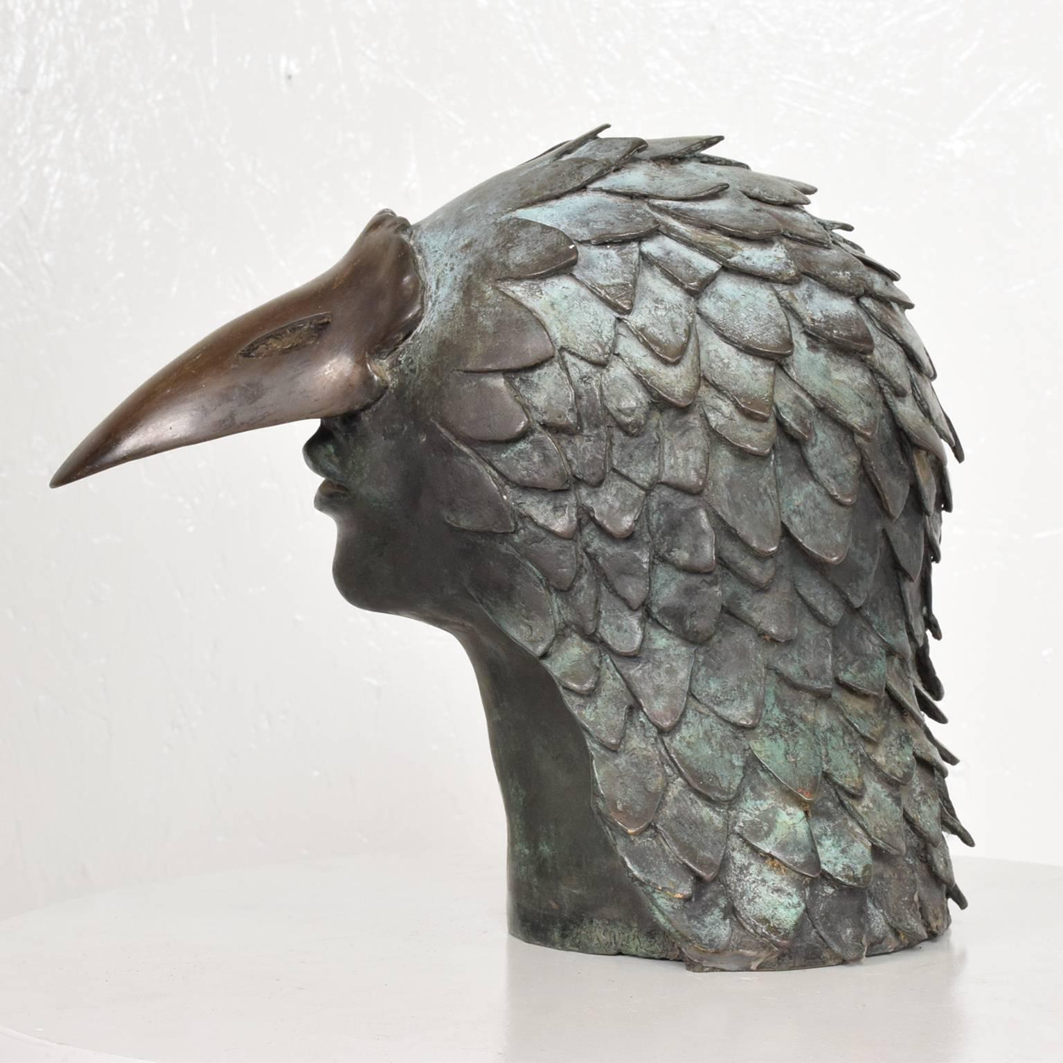 Cast Stunning Brutalist Bronze Sculpture of a Bird-Man's Head, Mexico, 1960s