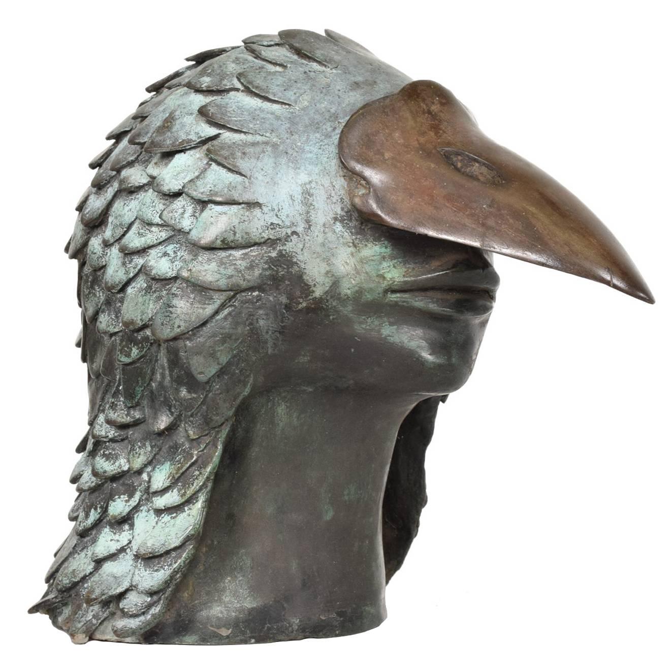 Stunning Brutalist Bronze Sculpture of a Bird-Man's Head, Mexico, 1960s