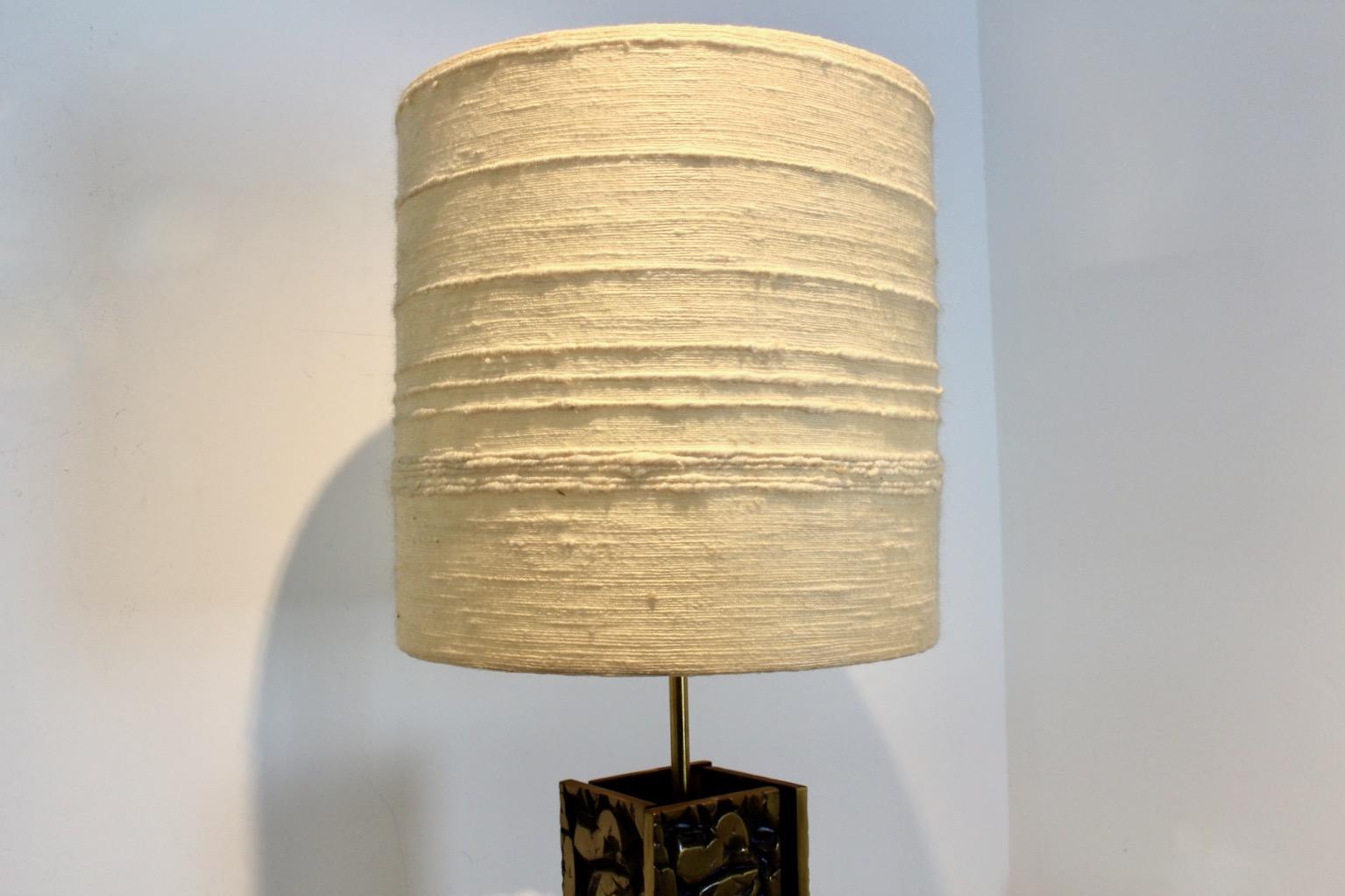 Brass Stunning Brutalist Metal Sculptured Table Lamp with Raw Woolen Structured Shade For Sale