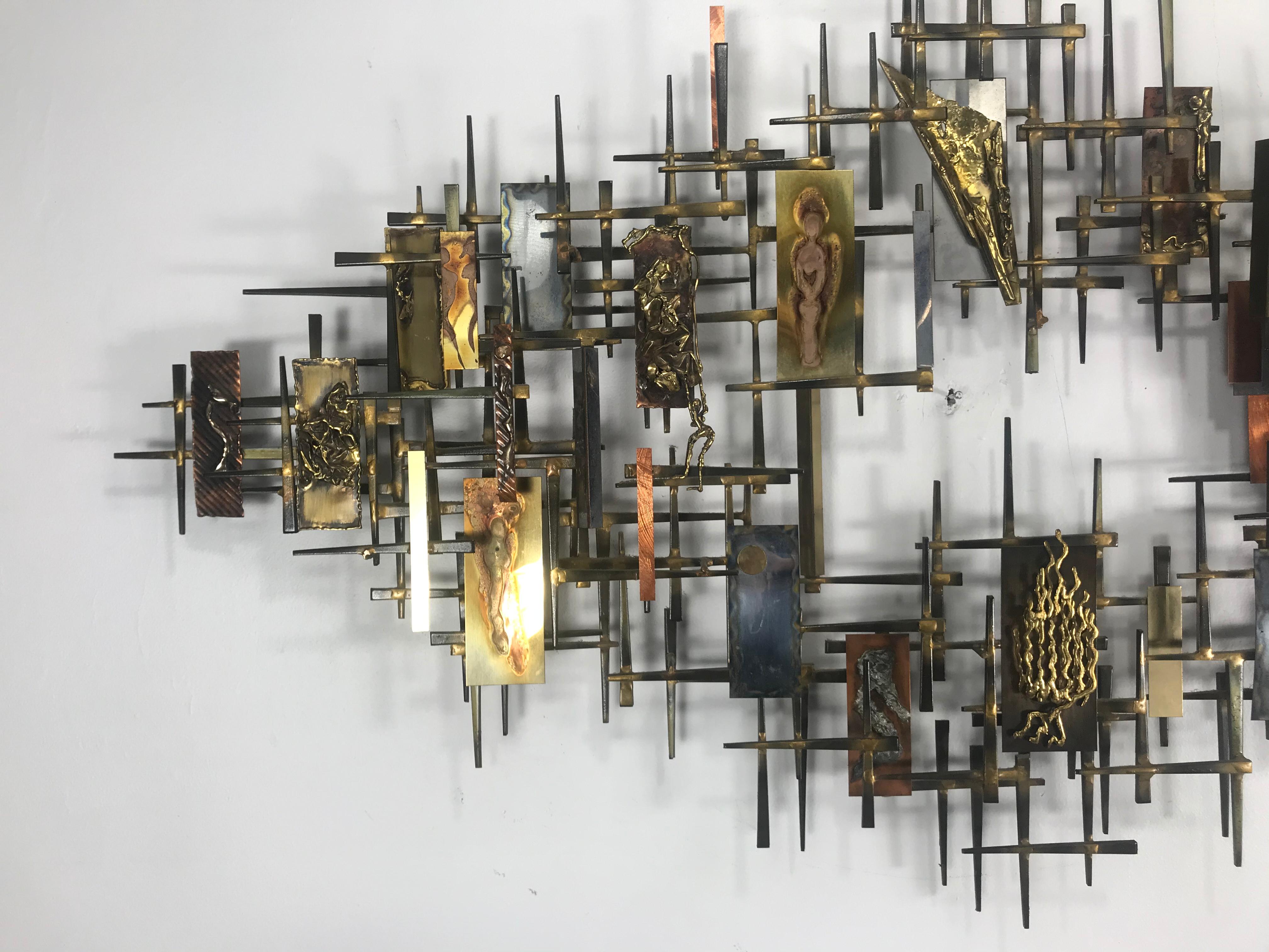 Brutalist nail art wall sculpture by Ray H Berger., stunning multi layer mixed metals, please zoom photos for amazing details, signed R H Berger 1981.