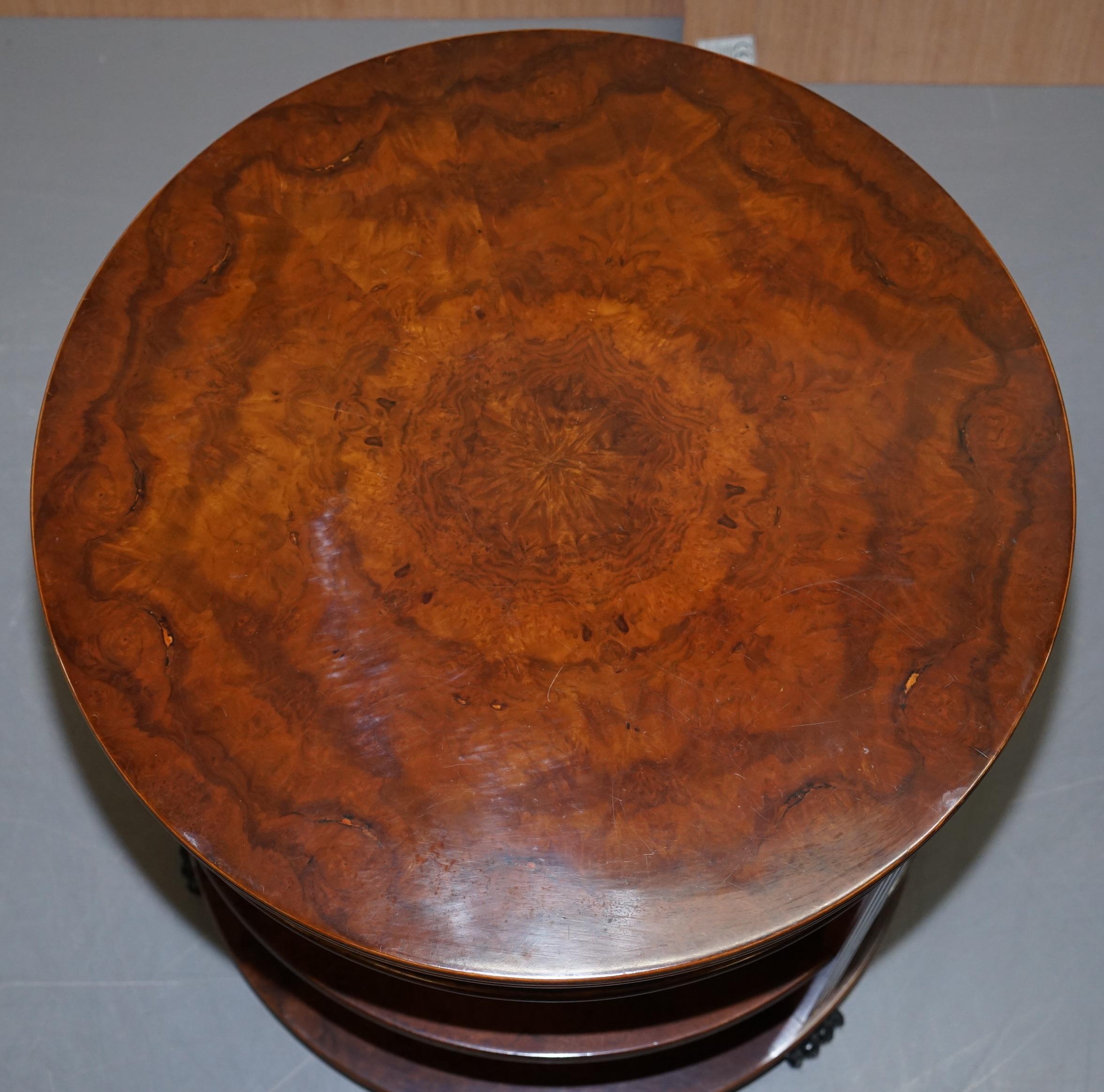 Stunning Burl Walnut Round Bookcase Table with Drawer Lion Hairy Paw Feet Burr 4