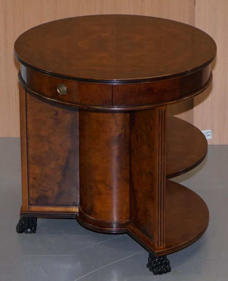 Stunning Burl Walnut Round Bookcase Table with Drawer Lion Hairy Paw Feet Burr at 1stDibs