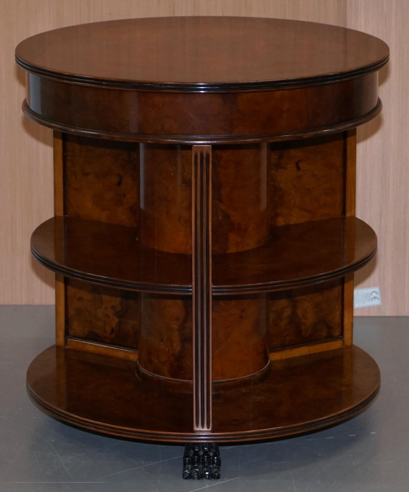 English Stunning Burl Walnut Round Bookcase Table with Drawer Lion Hairy Paw Feet Burr
