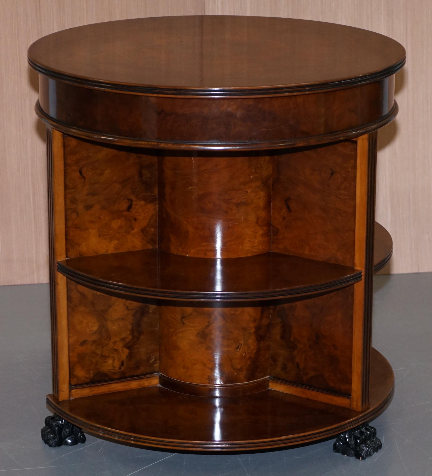 Hand-Crafted Stunning Burl Walnut Round Bookcase Table with Drawer Lion Hairy Paw Feet Burr