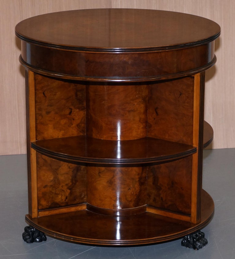 Stunning Burl Walnut Round Bookcase Table with Drawer Lion Hairy Paw Feet Burr at 1stDibs