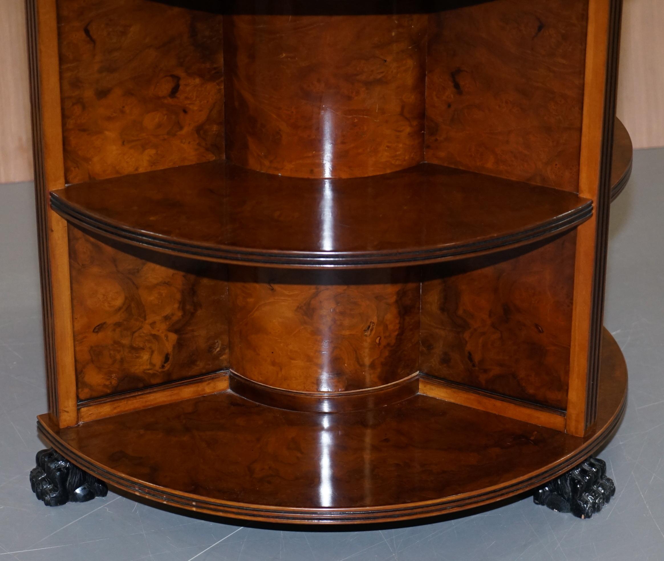 20th Century Stunning Burl Walnut Round Bookcase Table with Drawer Lion Hairy Paw Feet Burr