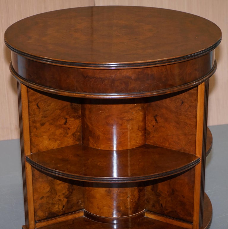 Stunning Burl Walnut Round Bookcase Table with Drawer Lion Hairy Paw Feet Burr at 1stDibs