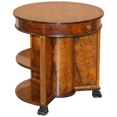 Stunning Burl Walnut Round Bookcase Table with Drawer Lion Hairy Paw Feet Burr