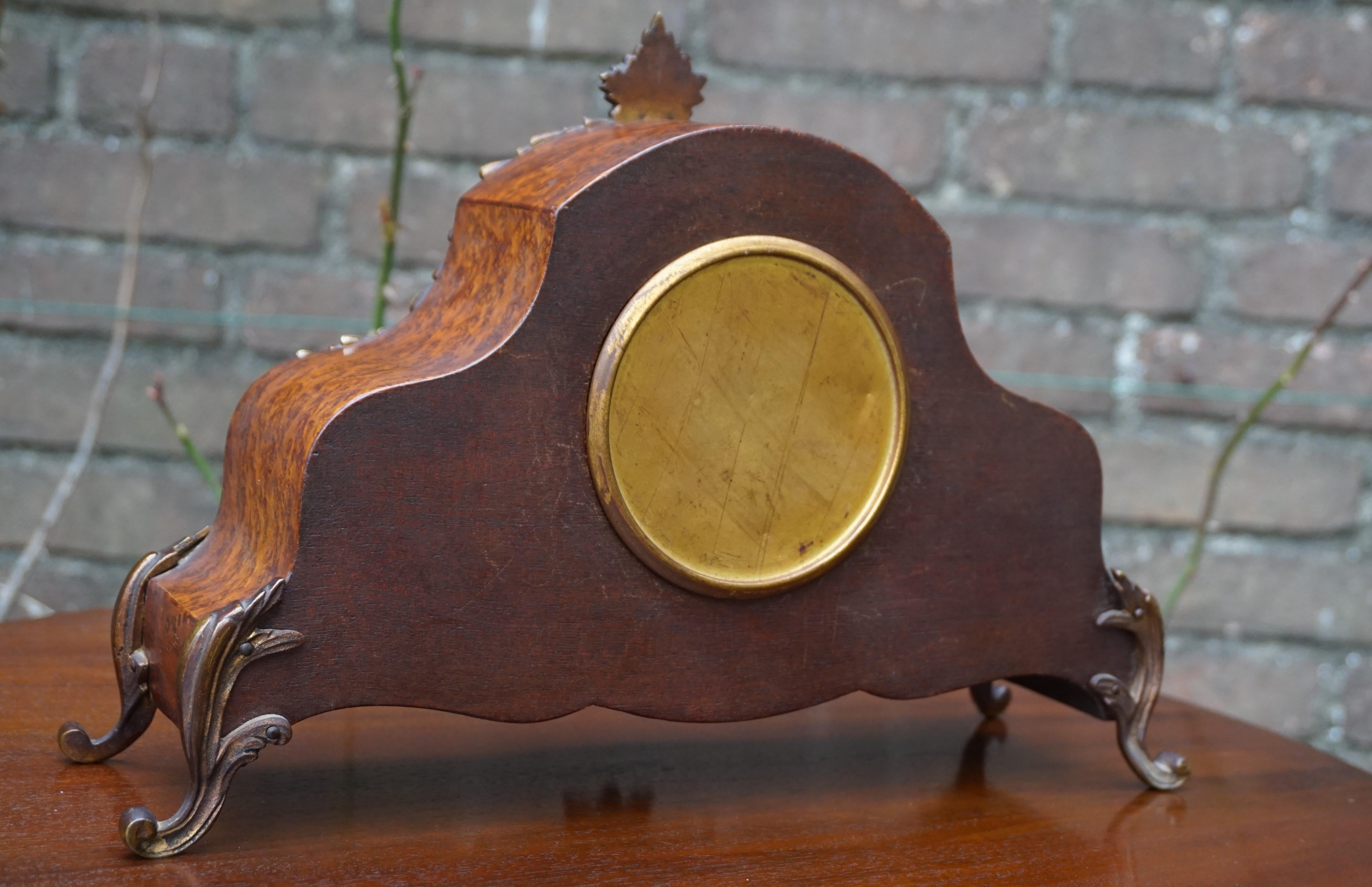 Stunning Burl Walnut Table or Mantel Clock with Stylish Bronze Feet & Ornaments 4