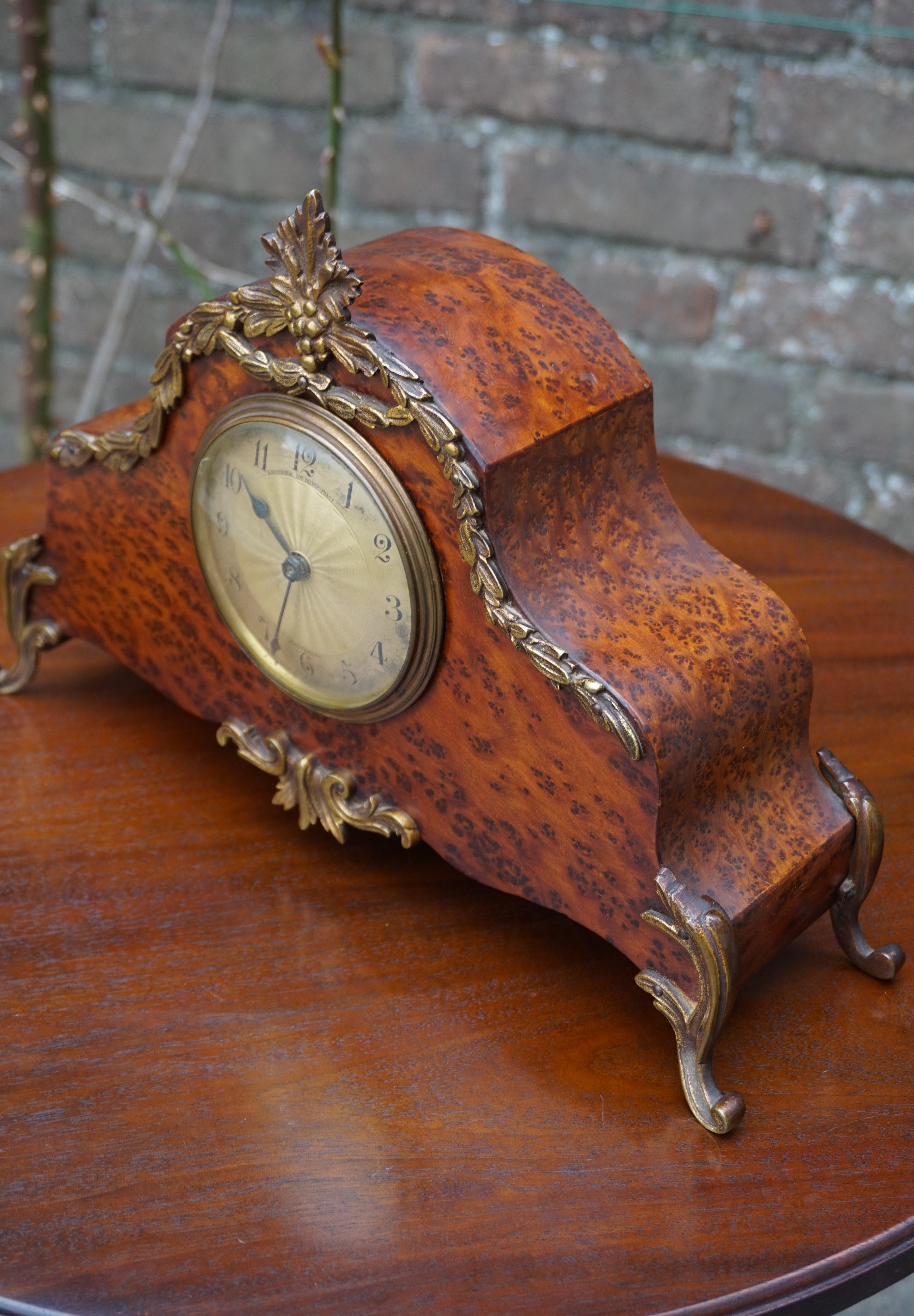 Stunning Burl Walnut Table or Mantel Clock with Stylish Bronze Feet & Ornaments 5