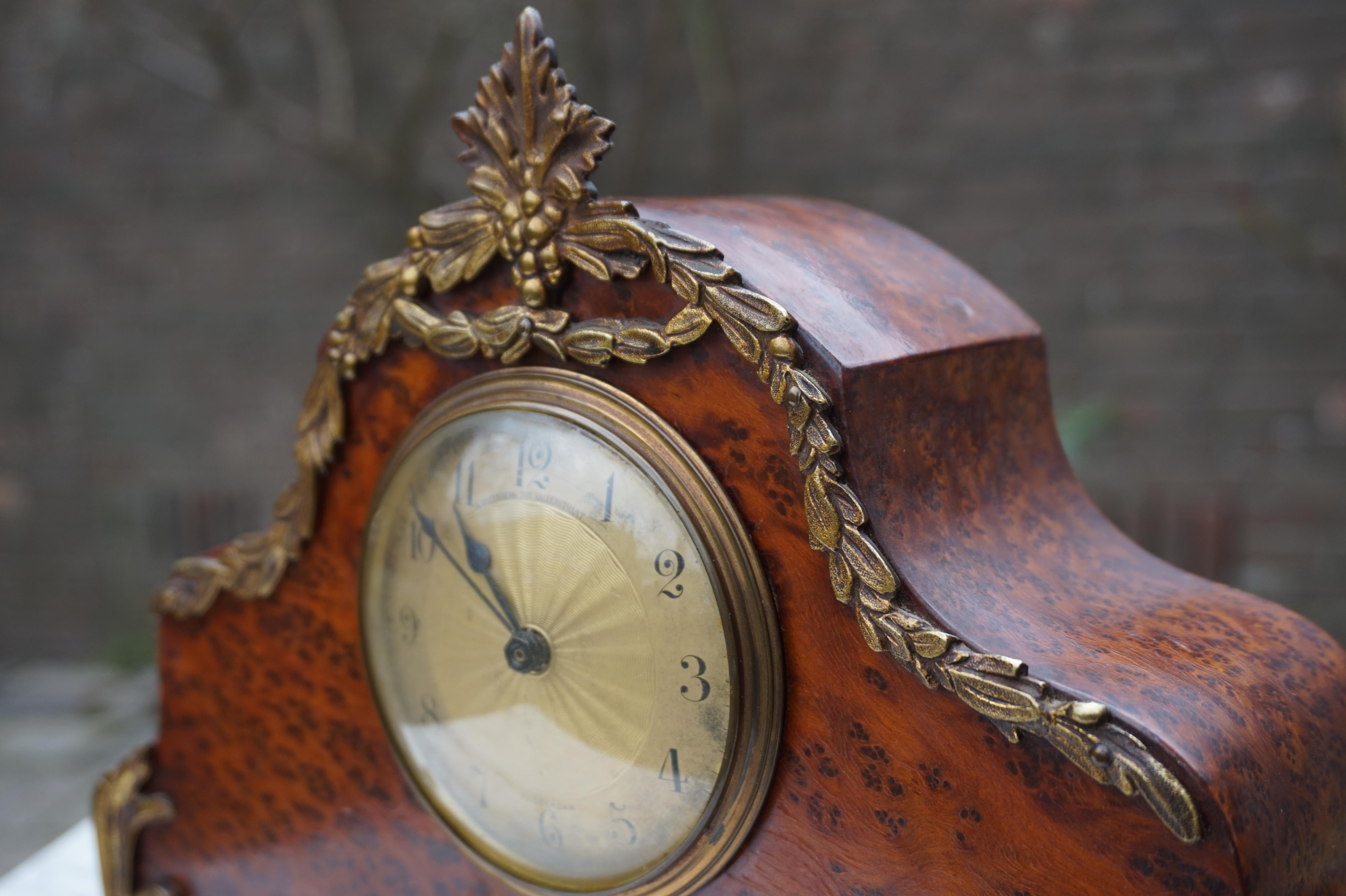 Stunning Burl Walnut Table or Mantel Clock with Stylish Bronze Feet & Ornaments 6