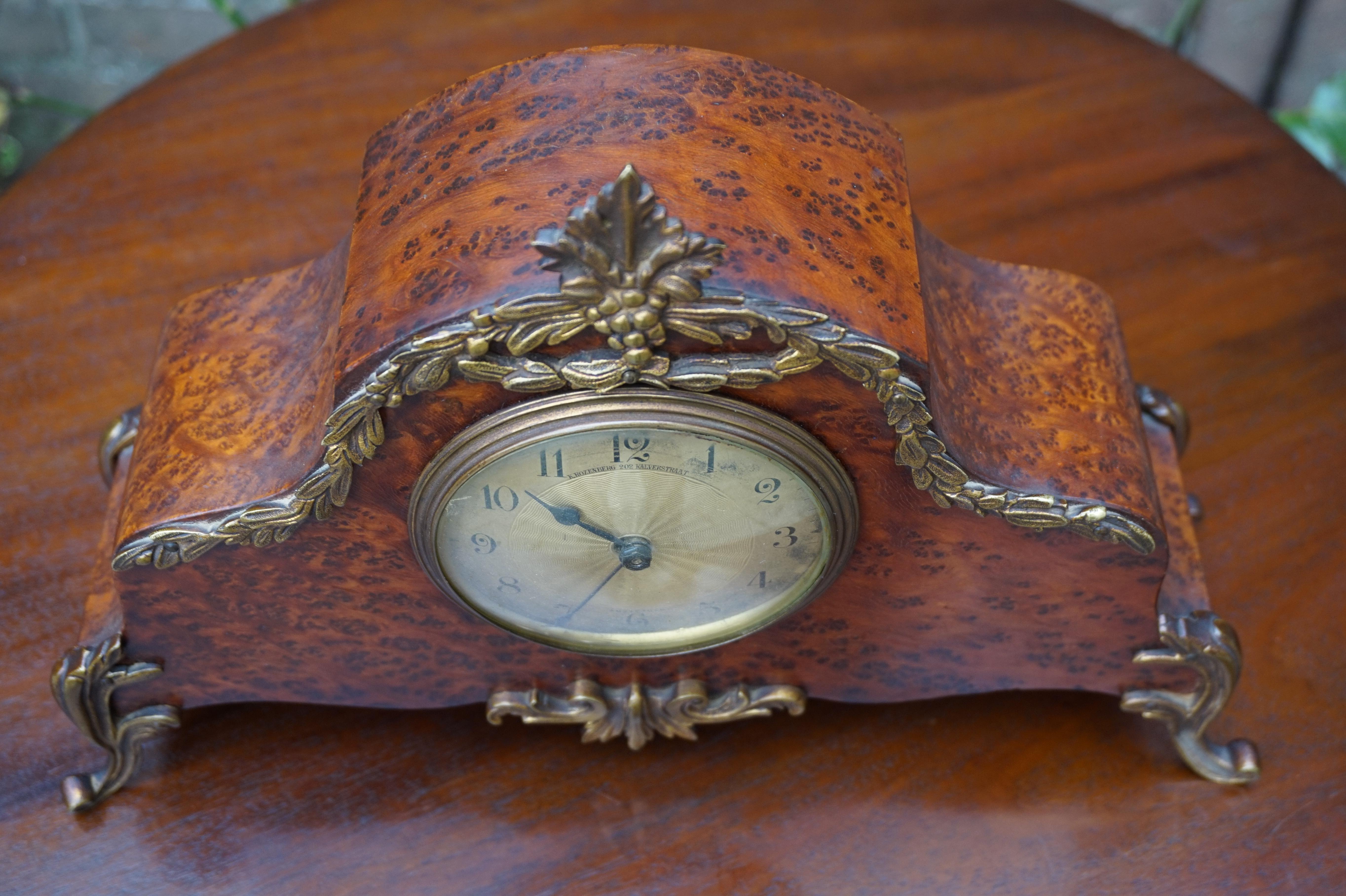 Stunning Burl Walnut Table or Mantel Clock with Stylish Bronze Feet & Ornaments 7
