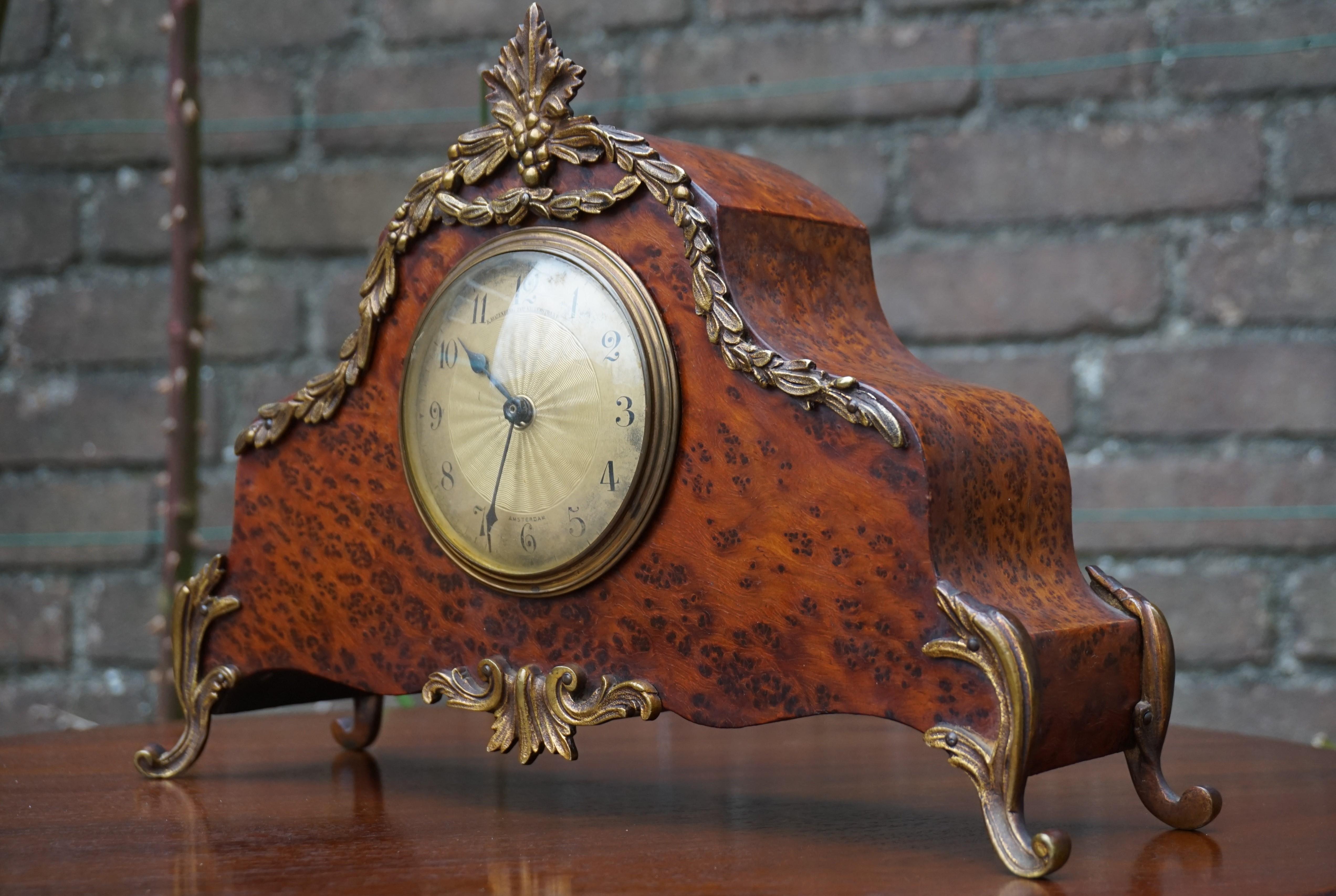 Stunning Burl Walnut Table or Mantel Clock with Stylish Bronze Feet & Ornaments 8