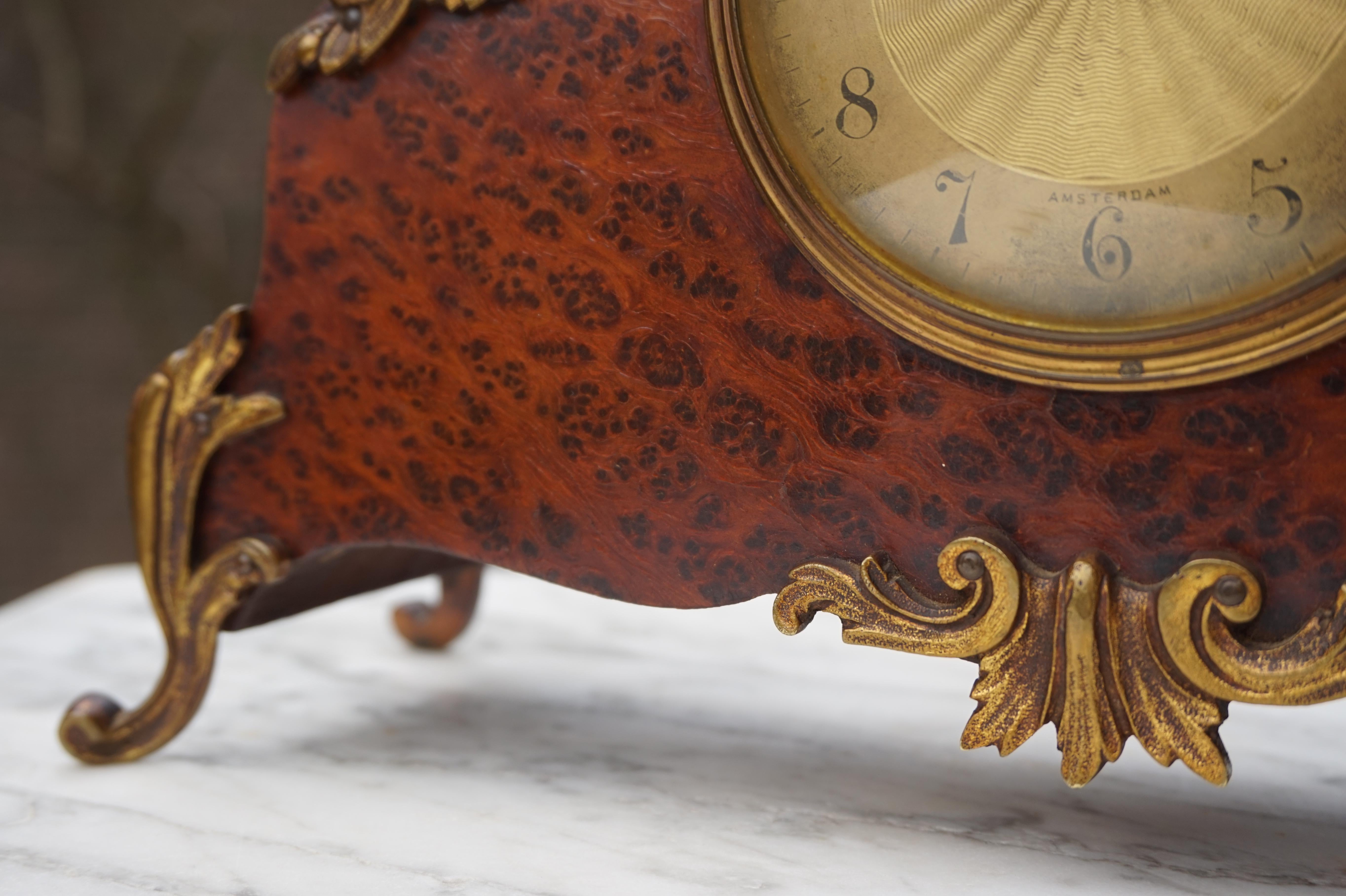 Louis XV Stunning Burl Walnut Table or Mantel Clock with Stylish Bronze Feet & Ornaments